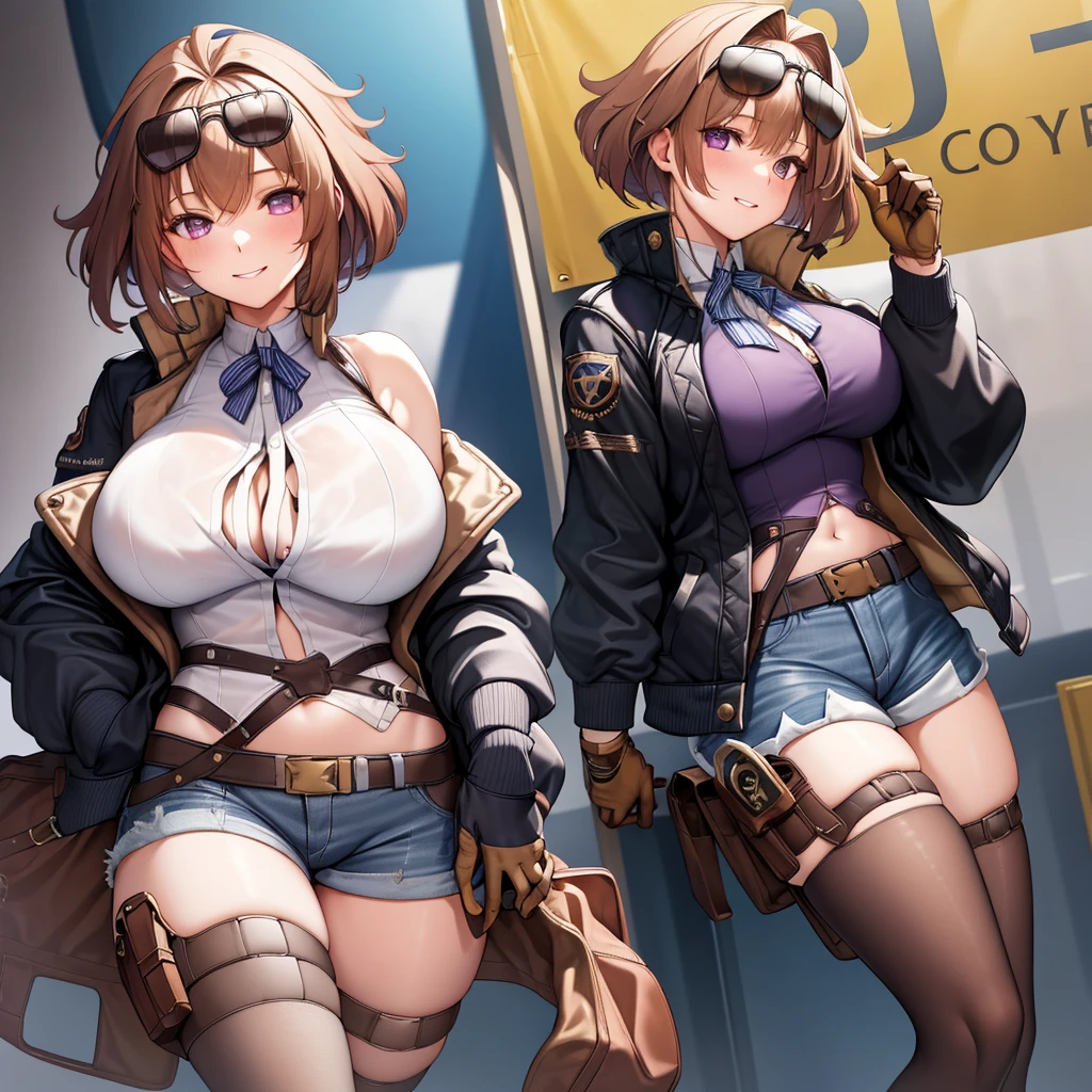 (masterpiece, best quality:1.2),illustration,8k,hd,1girl,solo,smile,breasts,knees up,denim short shorts,jacket,large breasts,brown hair,purple eyes,short hair,eyewear on head,gloves,sunglasses,bangs,shirt,bra,belt,navel,long sleeves,white shirt,thighhighs,brown gloves,black thighhighs,