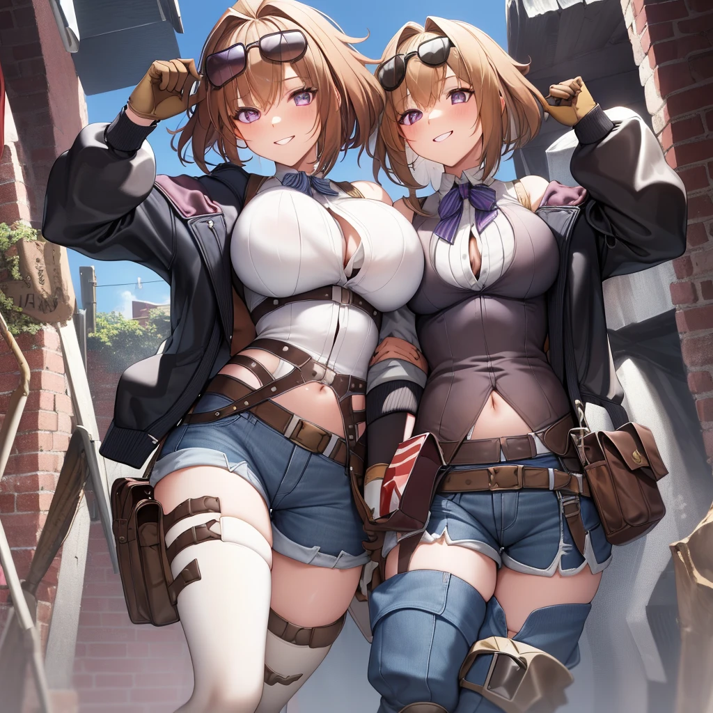 (masterpiece, best quality:1.2),illustration,8k,hd,1girl,solo,smile,breasts,knees up,denim short shorts,jacket,large breasts,brown hair,purple eyes,short hair,eyewear on head,gloves,sunglasses,bangs,shirt,bra,belt,navel,long sleeves,white shirt,thighhighs,brown gloves,black thighhighs,