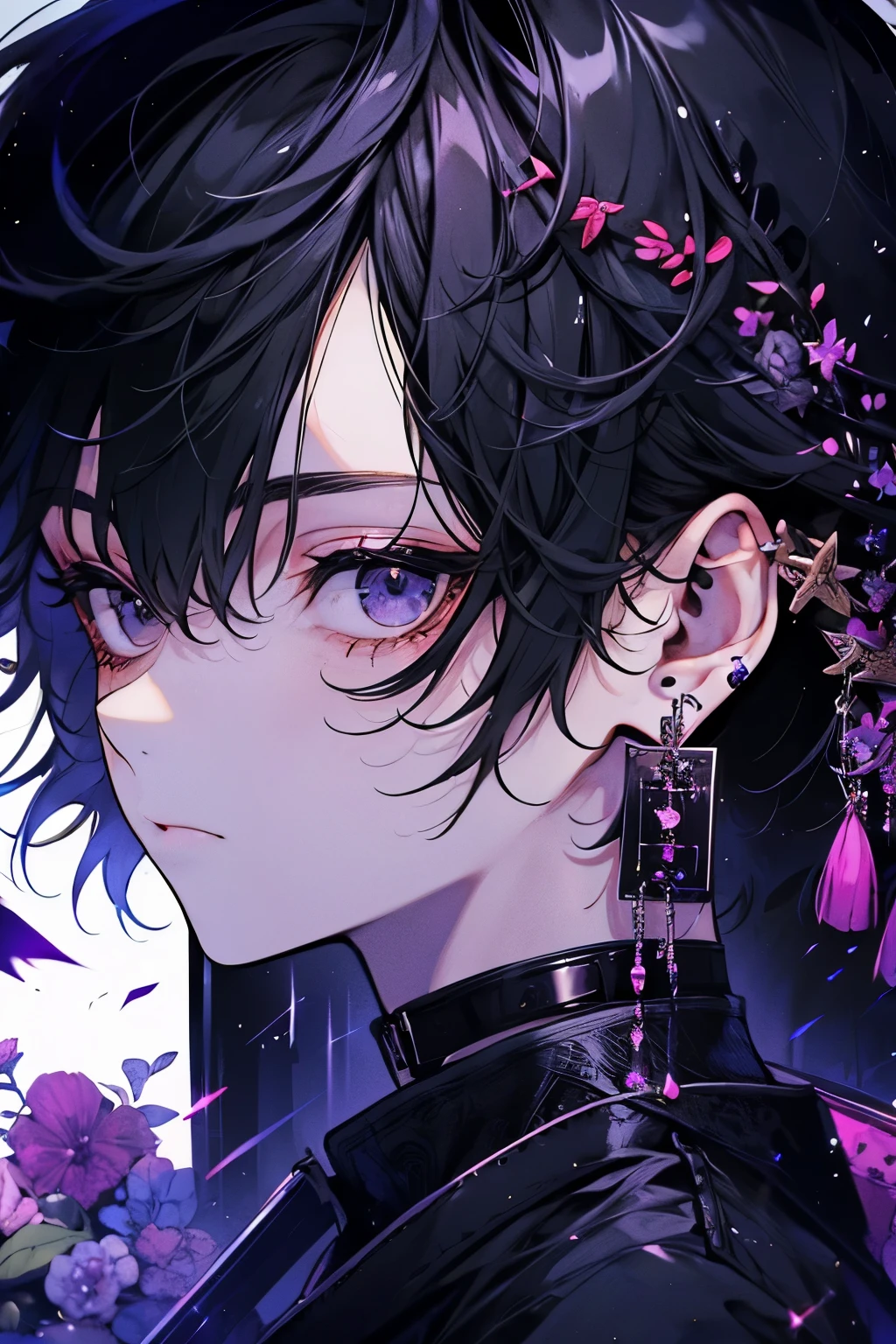 (masutepiece), (Best Quality), Highly detailed, 1 boy, Solo Focus, Perfect face, Beautiful face, extra detailed face，(A dark-haired:1.3)，(black eyes:1.4)，(long eyeslashes:1.3)，(Sparkling earrings:1.4)