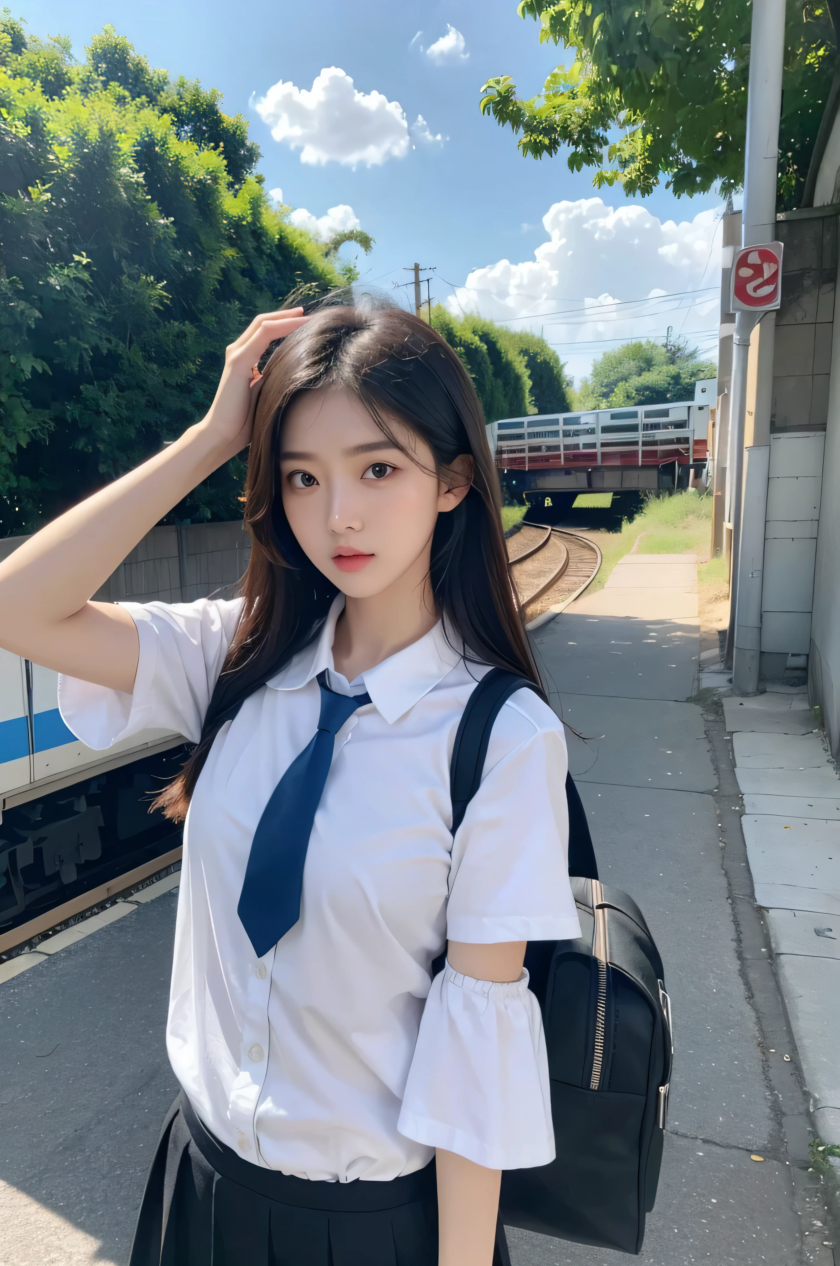 PureErosFace_V1, top quality, ultra high resolution, mysterious beauty, (photorealistic: 1.4), 1 girl, (ulzzang-6500:1.0), Kpop idol, Instagram model, (sexy eyes: 1.2), black hair, brown eyes, English, blue veins, (white short-sleeved shirt and tie: 1.2), Trying to drink with a 200g can of coffee, summer blue sky, entrance clouds, school bag hanging on left shoulder, rural train platform