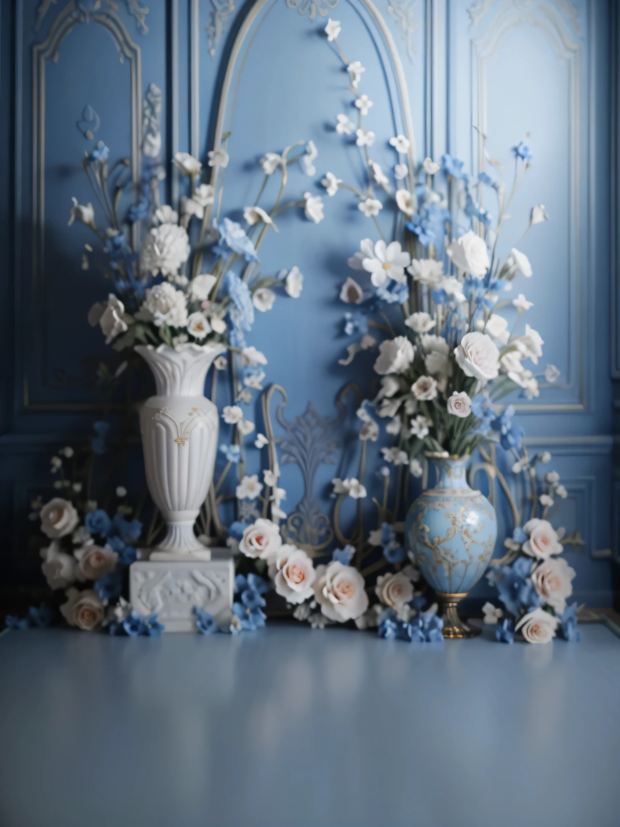 there are two vases with flowers on a blue wall, baroque style painting backdrop, ornate backdrop, stunning arcanum backdrop, elegant baroque, ornate and intricate backdrop, rococo baroque, vignette, rococo decorations, baroque, blue backdrop, elegant flowers, blue flowers accents, rococo elements, floral painted backdrop, rococo style, still life photo of a backdrop