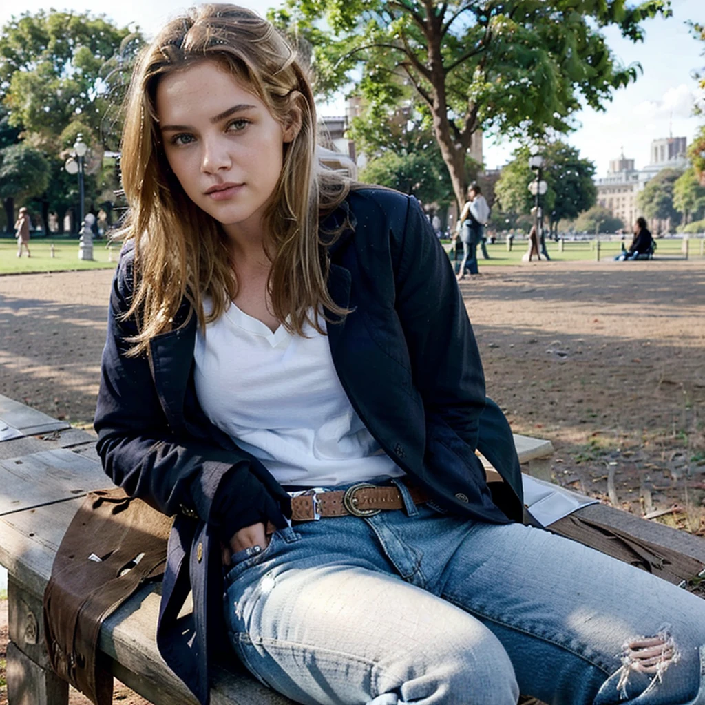 female supermodel sits in Hyde Park. Brown coat, white T-shirt, navy blue jeans.