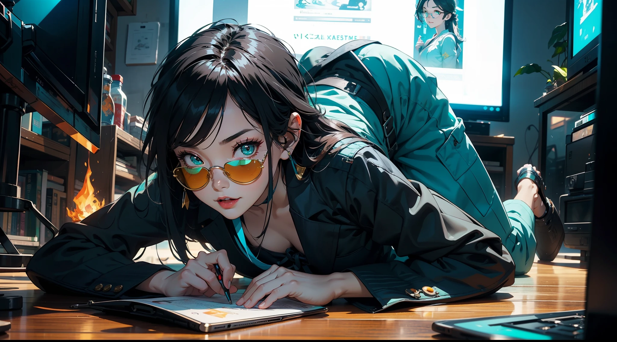 1 girl, solo, wide shot, (tmasterpiece), (Excellent), (Super detailed pictures: 1.2), Super Young Woman, The beautiful, sexy for, burst, oriental face, (((cyan sunglasses))), TV Anchor, Broken, Alone, Black suit, a blue tie, silver glasses, The face is a little fat, My face is already clean, No beard, green super long hair, 黑The eye, confident smile, 3c Computer Sub-Products, iPad, iPhone, digitial painting, 3D character design by Mark Claireldon and Pixar and Hayao Miyazaki, This picture is a 4K resolution high-definition picture,Visual effects with very detailed facial features and style, (((tmasterpiece),(Very detailed CG unified 8k wallpaper),Best quality,电影灯光,detailed back ground,beautidful eyeright pupils,(very delicate beautiful),(Beautiful and detailed eyes description),ultra - detailed,tmasterpiece,)),facing at the camera,A high resolution,ultra - detailed), jack-o' challenge, flexible, spread legs, top-down bottom-up