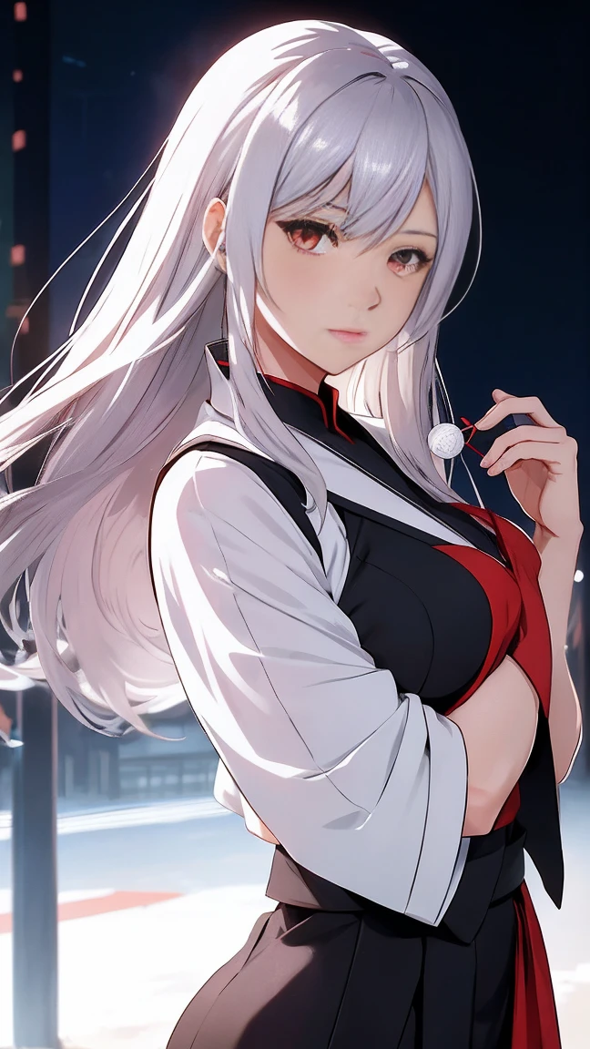 sukeban, illyasviel_von_einzbern, mature_female, silver hair, holding yoyo, combat pose, full body, flowing hair, hair between the eyes, asymmetrical hair, red eyes, delicate facial features, clean face, human head, human proportion, good proportion, looking_at_viewer, outdoors, background tokyo, by ilya kuvshinov, by Tetsuya Nomura,