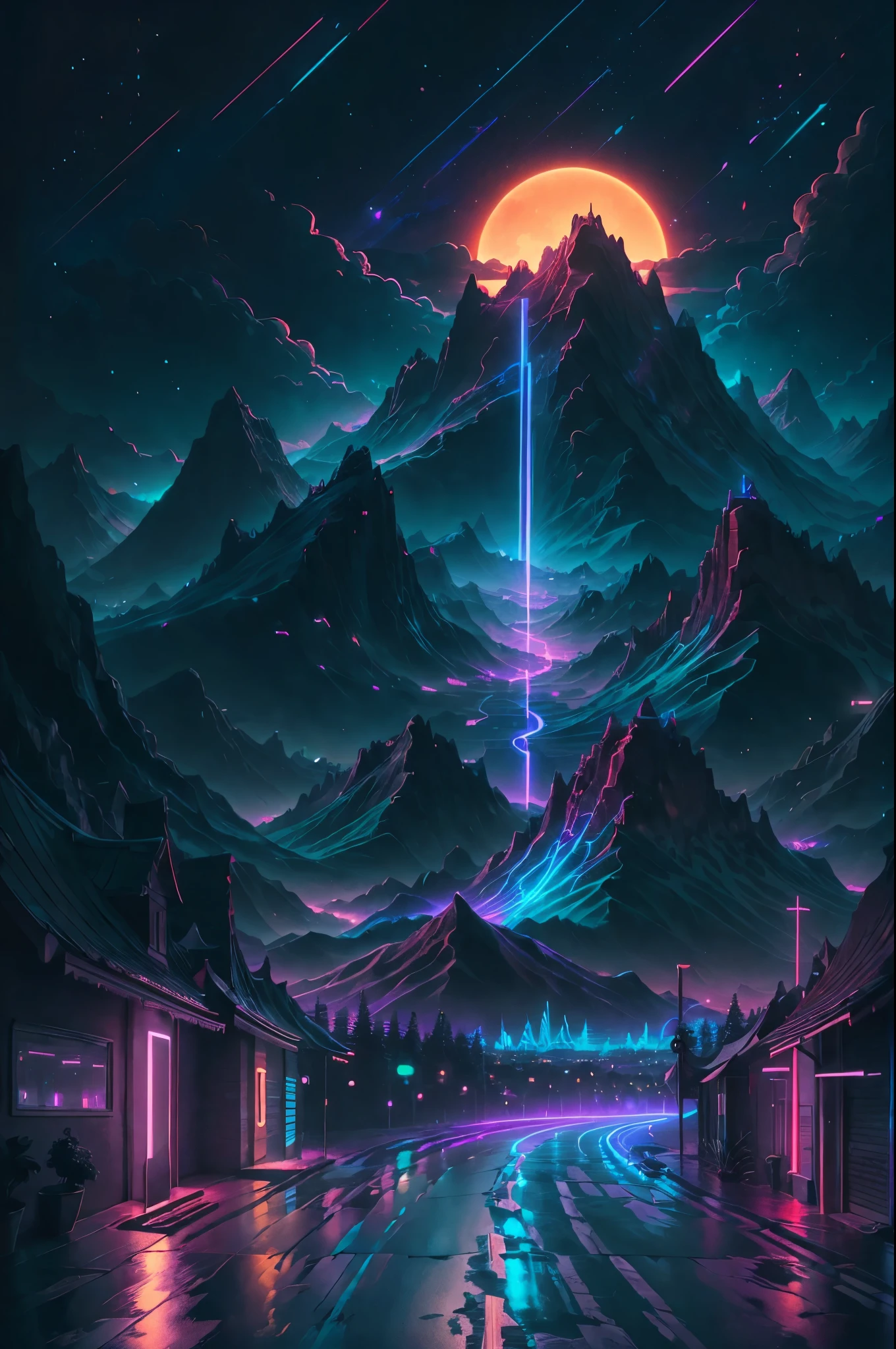 retrowave. road, purple neon lights, sun, mountain,
(masterpiece,detailed,highres),