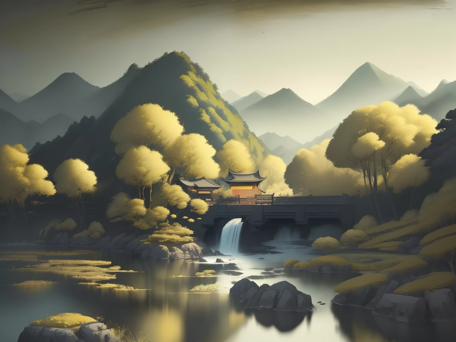 landscape paintinountain scene,idyllic,water ink,black and gold,Wu Guanzhong,zhang daqian,32khyper HD,wall paintings,8k,hyper HD,Add details