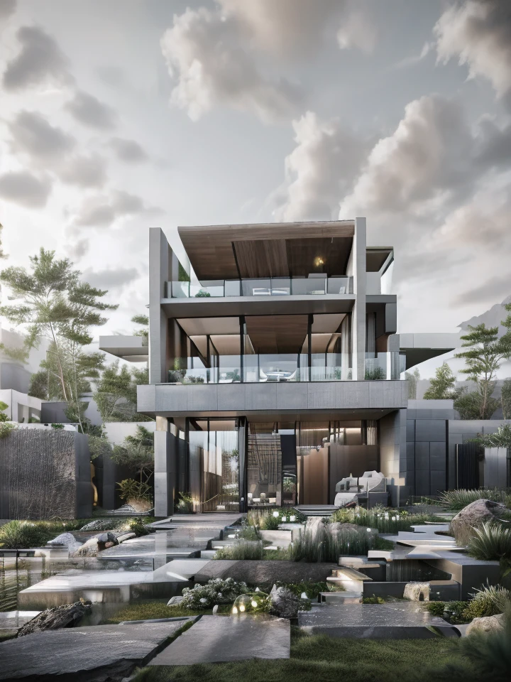 RAW photo,Masterpiece,high quality,best quality,authentic,super detail,exterior,house style modern ,glass windows,glass doors,stains,balcony,railing glass,inax stone wall cladding,lean line,modernism,realistic reflexes,realistic light,beautiful summer sky,trees,grass (day:1.1),vivid colour,vray