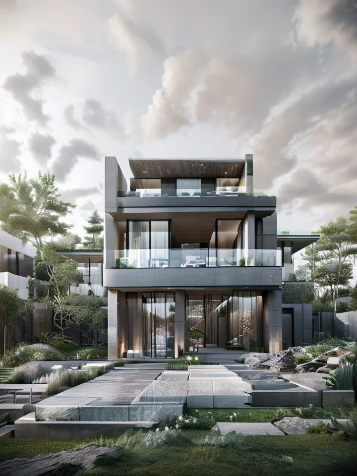 RAW photo,Masterpiece,high quality,best quality,authentic,super detail,exterior,house style modern ,glass windows,glass doors,stains,balcony,railing glass,inax stone wall cladding,lean line,modernism,realistic reflexes,realistic light,beautiful summer sky,trees,grass (day:1.1),vivid colour,vray