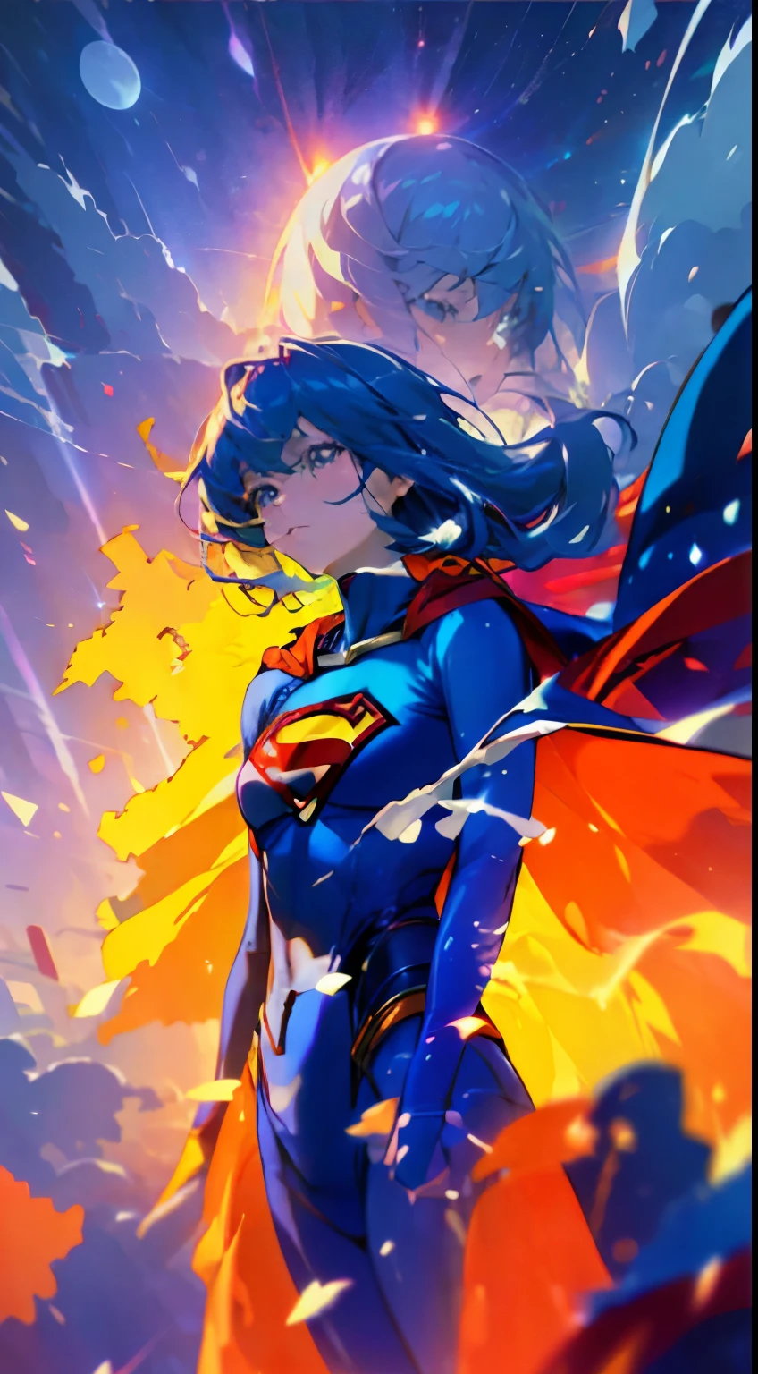(best quality, vivid colors:1.2, anime:1.1), ULTRA-DETAILED,(realistic:1.37), DC comics character, SUPERGIRL, FLYING between CLOUDS, supersonic VELOCITY, sharp focus, vibrant colors, dynamic pose, flowing cape, intense action, strong wind effects, high speed motion, intense energy, blue sky backdrop, white fluffy clouds, dazzling sunlight.