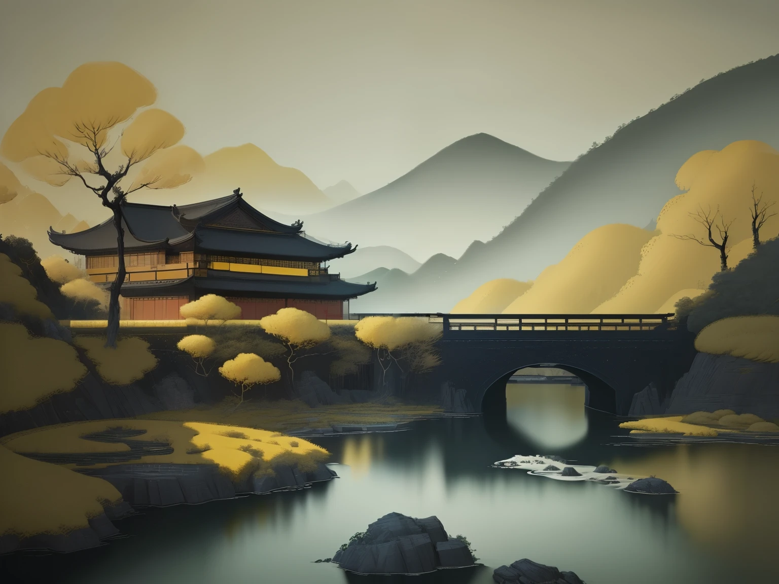 landscape paintinountain scene,idyllic,water ink,black and gold,Wu Guanzhong,zhang daqian,32khyper HD,wall paintings,8k,hyper HD,Add details