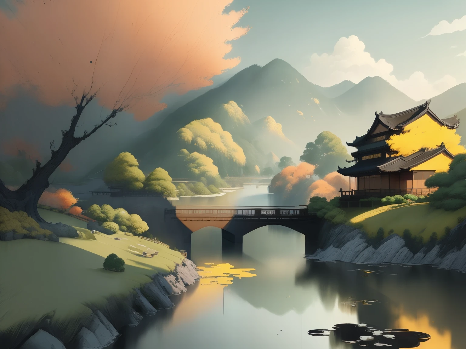 landscape paintinountain scene,idyllic,water ink,black and gold,Wu Guanzhong,zhang daqian,32khyper HD,wall paintings,8k,hyper HD,Add details