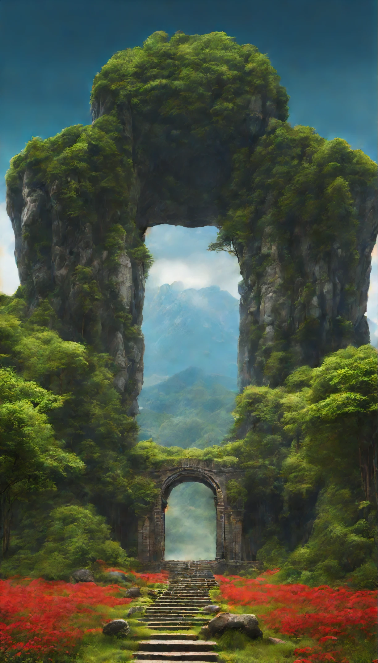 create a digital matte painting of a forest landscape with many tall green trees, with giant rocky mountains in a science fiction movie setting with ancient stone temples embedded in high rocks, the scene takes place in a clearing in the center of a dense and wide forest of giant trees and plants,in the sky of this illustration, um astronauta masculino com uniforme branco caminha em uma estrada de pedras perto em frente e uma escadaria gigante de um templo, Close detalhado e realista do astronauta, detalhamento da roupa espacial do astronauta, add a field full of red flower buds on the green grass ground next to a path next to the green grass towards the large forest and situated in the background of the scene against the background of a blue sky with white 3D clouds, ultra realism in the matte painting cinematography of the illustration based on the matte painting art of artist Albert Whitlock
