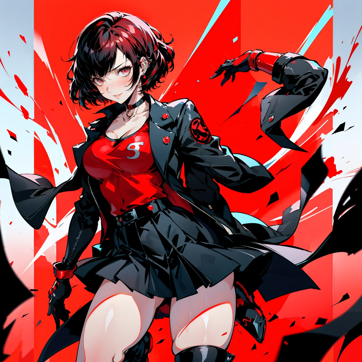 in the art style of persona 5, smal breast, delinquent, (sukeban), mature_female, blush, mature, older woman, 25 years old, Sukeban teacher outfit, (1girl, solo female, solo, solo focus)++++, choker, sukeban teacher, sukeban fighter, long_sleeves, open jacket, blue jacket, jean, light skin tone female, full body, jacket, biker jacket, tape, arm_support, gloves, red_gloves, bridal gauntlets, nail polish, boots, black_footwear, fighter outfit, full body, hourglass, mature face, cheeky smile, cheeky face, wrinkles, (red hair, short hair, bob cut, earrings, ear piercings), red eyeighting art, Martial arts, standing, fighting_stance, fight, fighting), extra colors, 2D, megapixel, perfectionism, accent lighting, full HD , (Masterpiece:1.2), (full-body-shot:1),(cowboy shot:1.2), (Highly detailed:1.2),(Detailed Face:1.2), Colorful, A detailed eye, (Detailed landscape:1.2), (natural lighting:1.2), ((sukeban school teacher)) by Vincent Di Fate: Aidyllery, Anamorphic Shot, rule of thirds, face by Artgerm and WLOP,