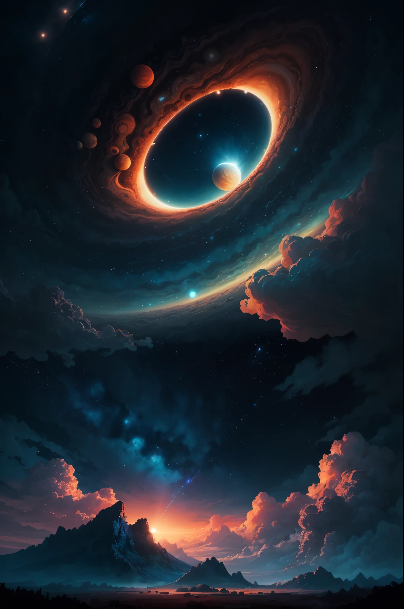 illustration of jupiter clouds by dan mumford, alien landscape and vegetation, epic scene, a lot of swirling clouds, high exposure, highly detailed, realistic, vibrant blue tinted colors, uhd