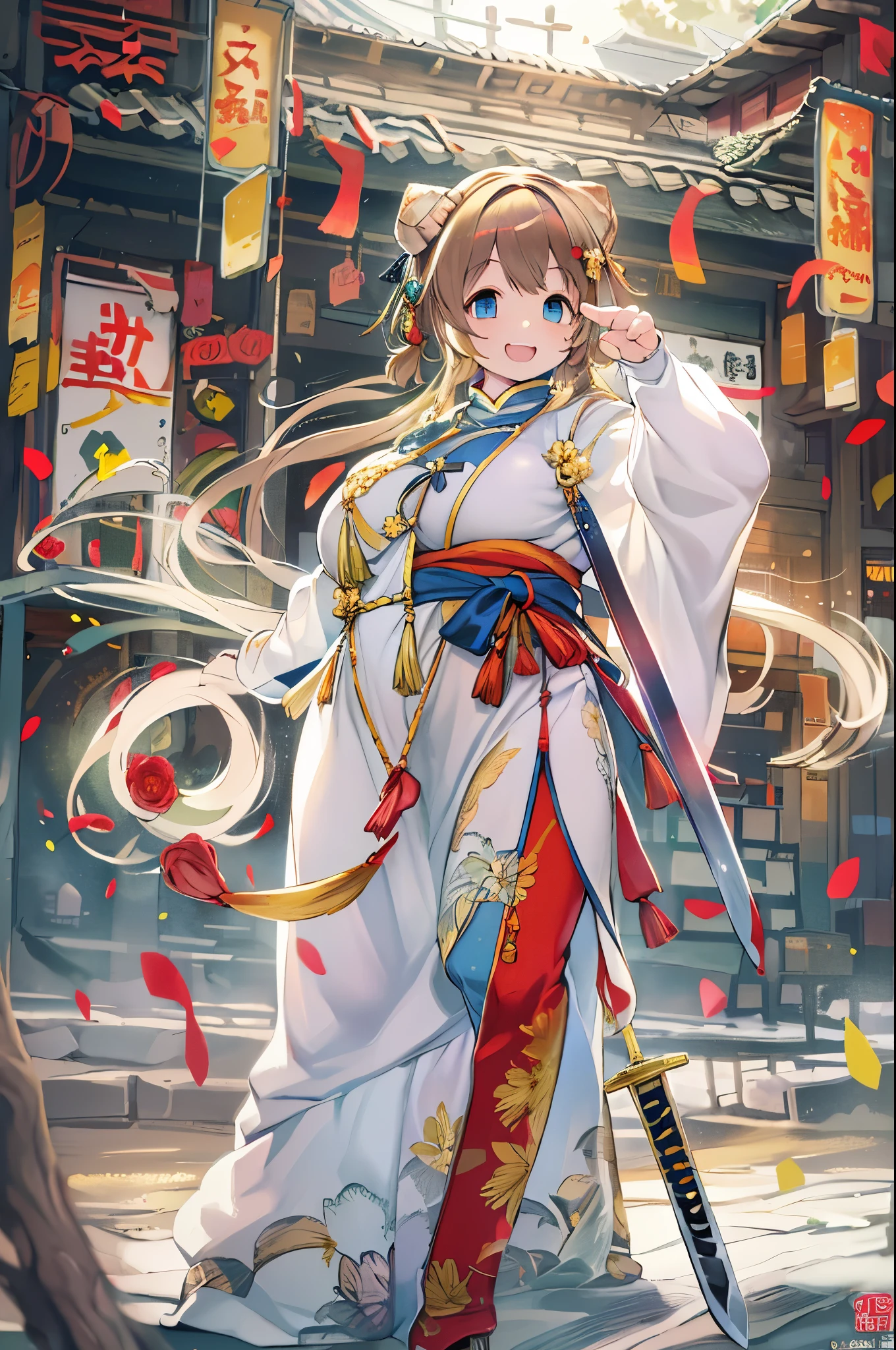 (top-quality、8K、32K、masterpiece、nffsw、ighly detailed、Impresionismo:1.2)、Full body, (Dynamic Pose、Raise one leg:1.4)、beauitful face、blurry backround、20-year-old beauty、shinny skin、Red color hair、short-hair、Double bun、Blue eyes、Chinese clothing、Floral hair ornament、Naughty smile with open mouth、Absolute area、Holding a Chinese-style sword、