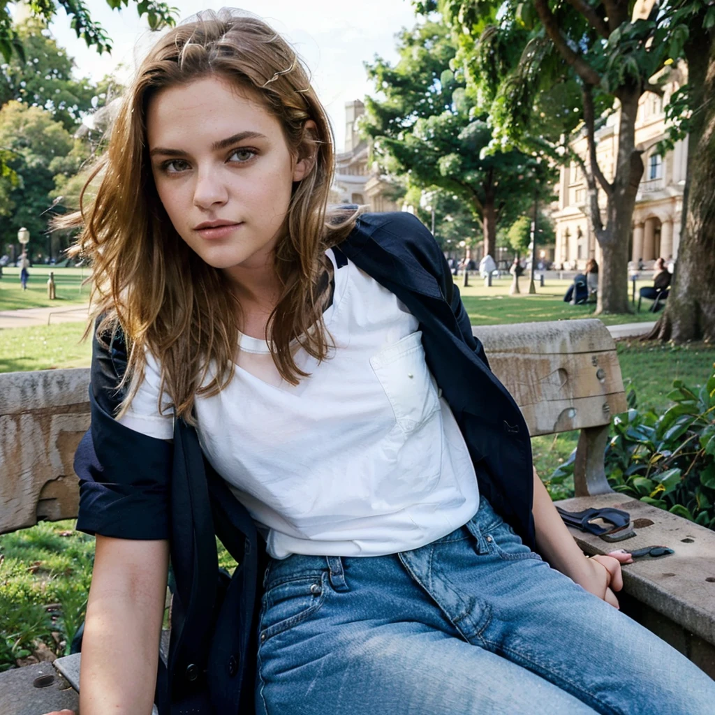 female supermodel sits in Hyde Park. Brown coat, white T-shirt, navy blue jeans.