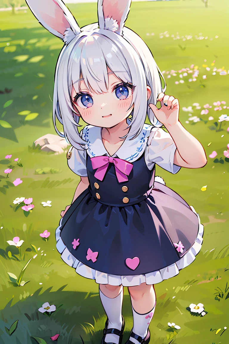 masterpiece, extremely detailed, volumetric light, 1girl, rabbit themed succubus, white hair, bunny ears, bunny tail, bunny eyes, bunny nose, smile, sunny, in a meadow, blushing, (beautiful detailed eyes), (extremely detailed CG unity 8k wallpaper) (best shadow), full body