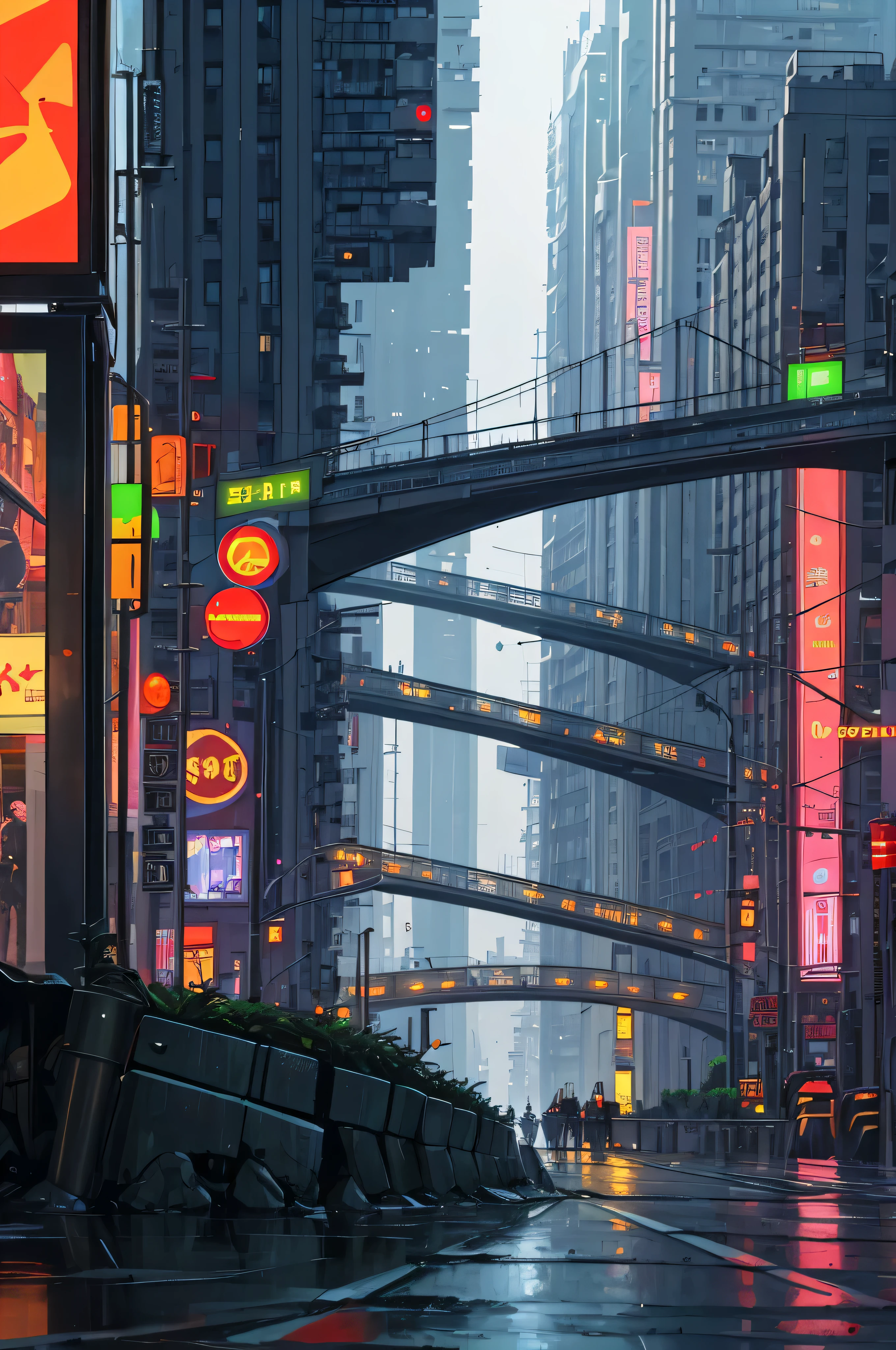 ((Masterpiece)),((Best Quality)),((High Detail)),((realisitic,)) Cities of the Future Era, Construction Street, Futuristic train routes, The cyberpunk, Buildings, natta, European Cities, Rainy, neons