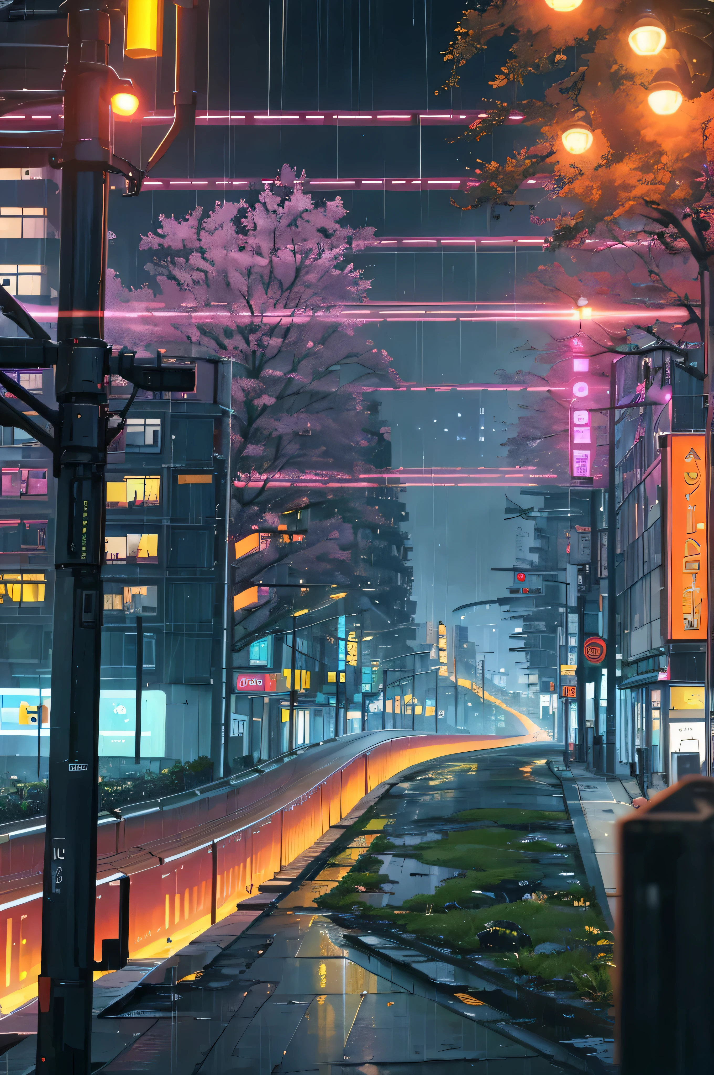 ((Masterpiece)),((Best Quality)),((High Detail)),((realisitic,)) Cities of the Future Era, Construction Street, Futuristic train routes, The cyberpunk, Buildings, natta, European Cities, Rainy, neons