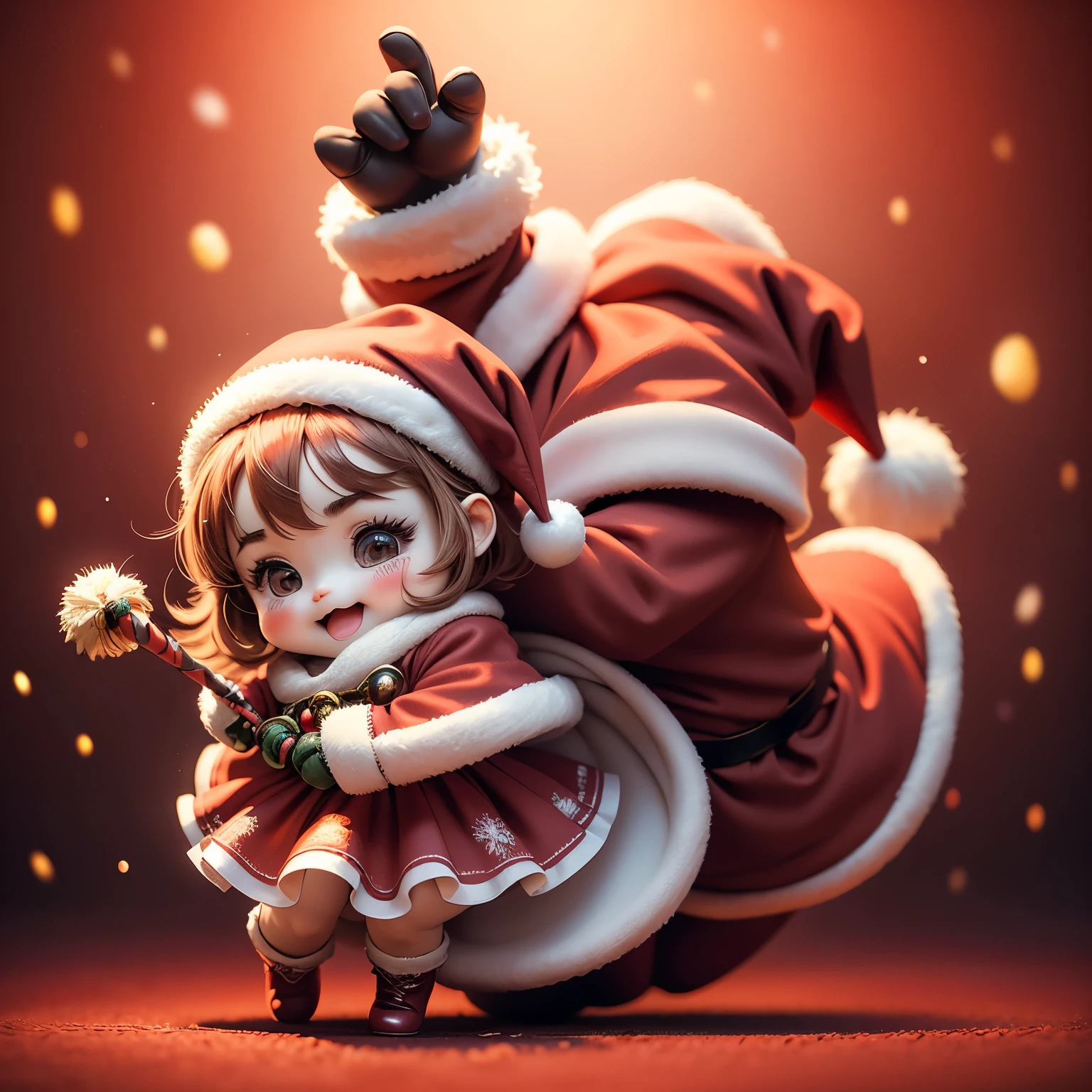 masterpiece、top-quality、ultra-detailliert、(Chibi Chara's Daughter:1.2),(Santa Cosplay:1.3),red mini long sleeve dress,White fur,Red Santa Hats,Vivid depiction,Red boots,The background is a Christmas tree and an animated reindeer.,Full-body standing figure,jumping jumping,Open your mouth and smile