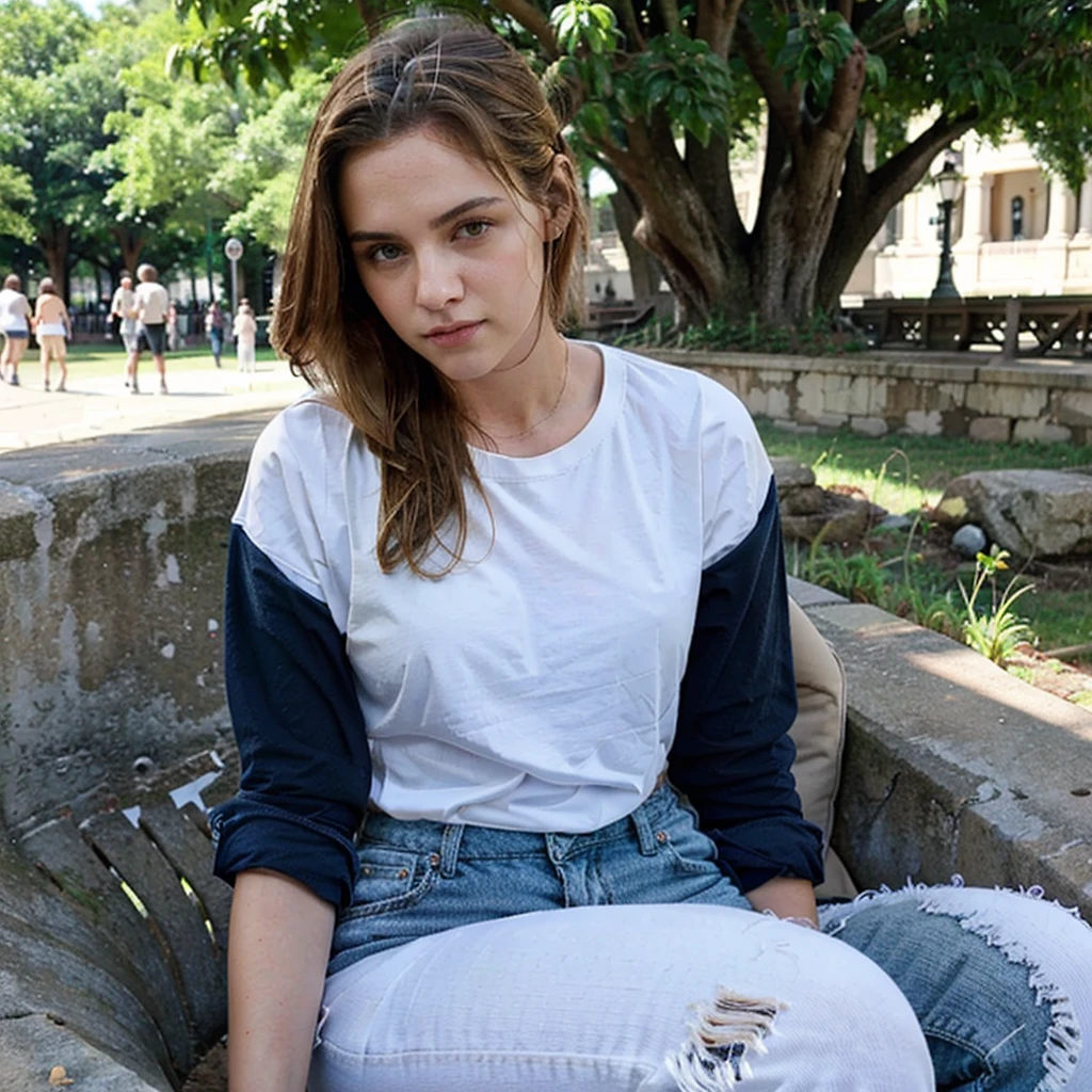 female supermodel sits in Hyde Park. Brown coat, white T-shirt, navy blue jeans.