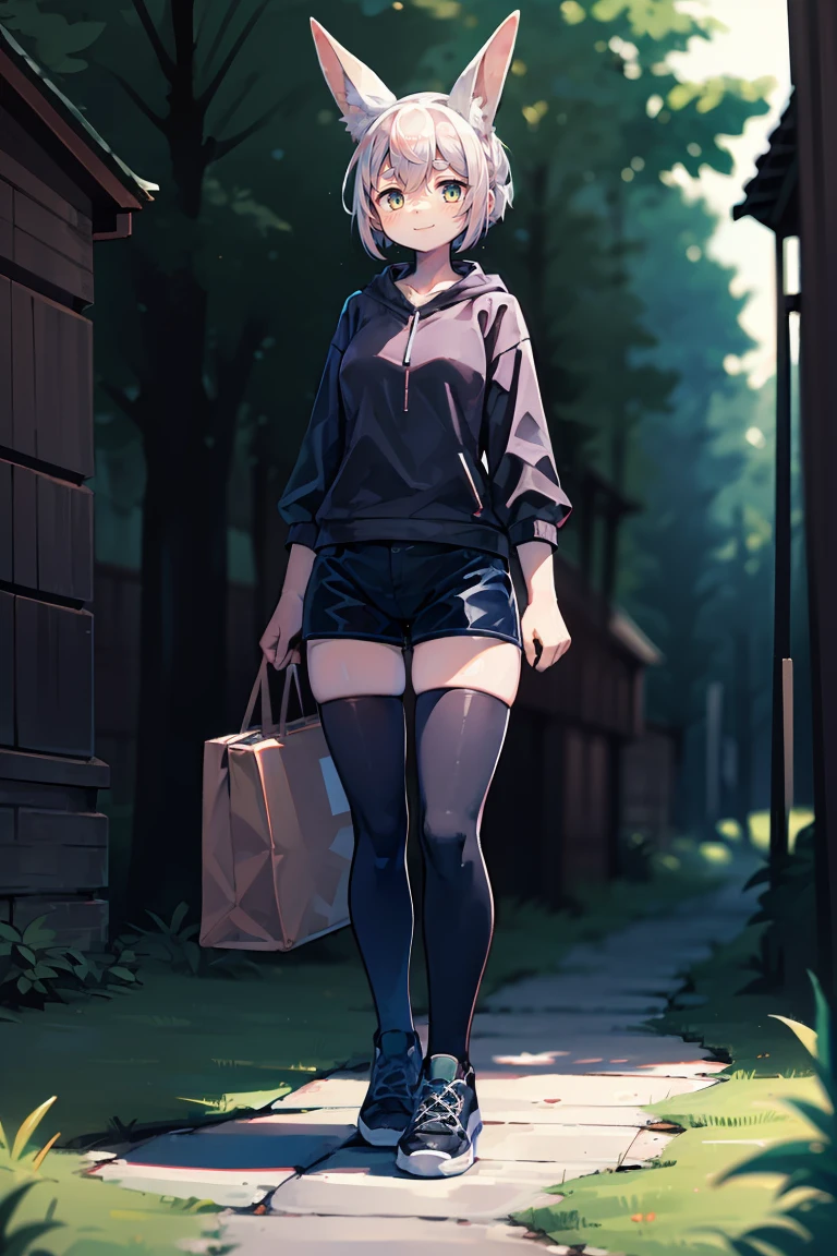 masterpiece, extremely detailed, volumetric light, 1girl, rabbit themed succubus, white hair, bunny ears, bunny tail, bunny eyes, bunny nose, smile, sunny,  in a meadow, blushing, (beautiful detailed eyes), (extremely detailed CG unity 8k wallpaper) (best shadow), full body