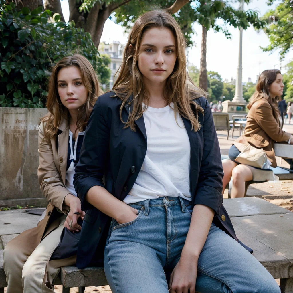 female supermodel sits in Hyde Park. Brown coat, white T-shirt, navy blue jeans.