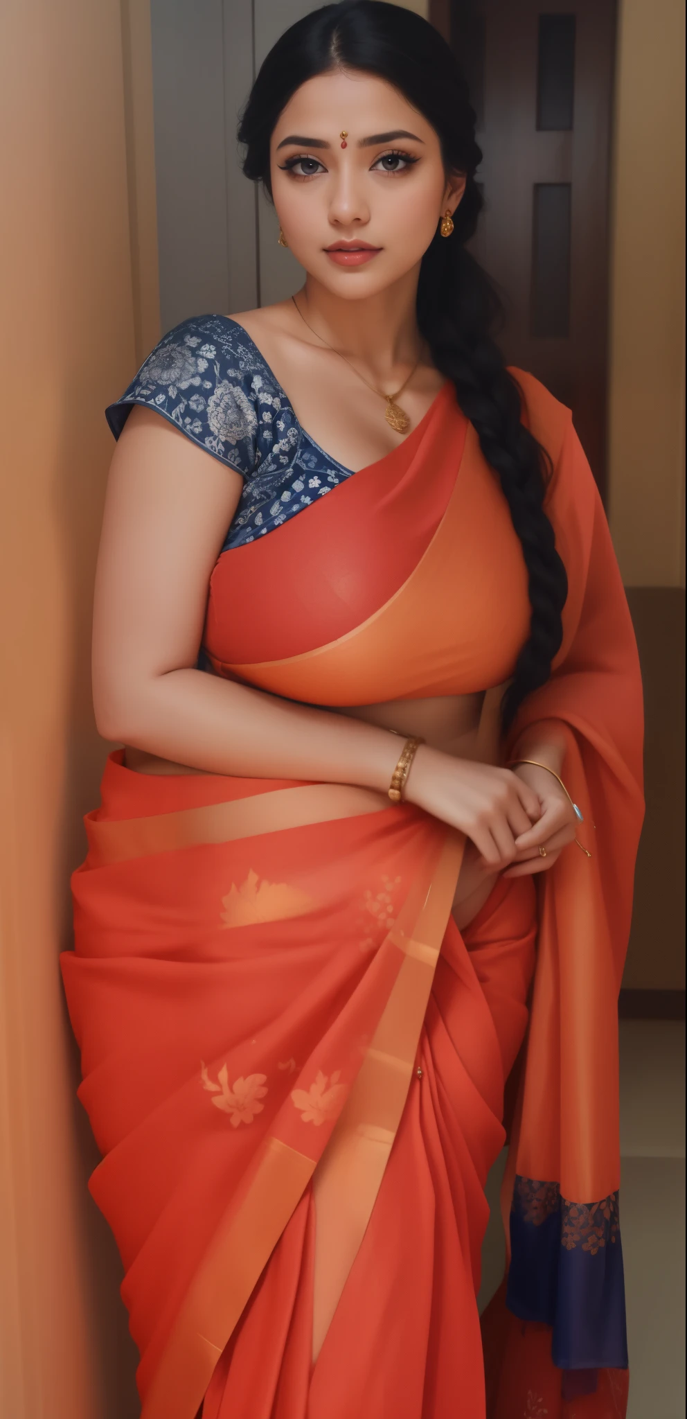 (Huge boobs:1.4), sleeveless blouse, trasnperent saree