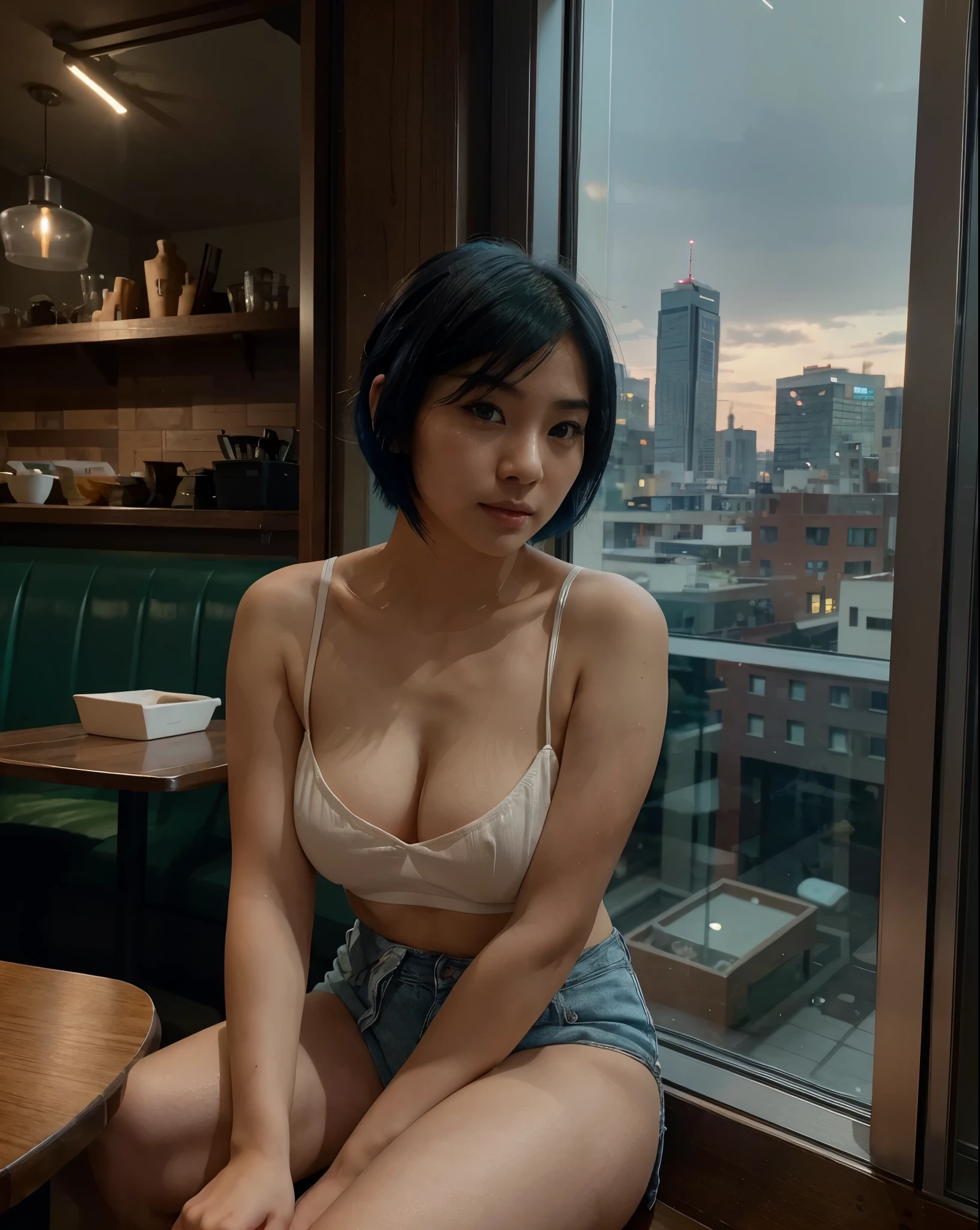 A cute and beautiful, Asian girl with short blue hair,prety face， in a Western restaurant, sitting by the window, with the night view of the city, preparing dinner, with delicate, beautiful and delicious food on the table, shooting with an iphone 14pro at 6 o'clock in the afternoon，realistic photo，realistic skin texture，the indoor bright lighting