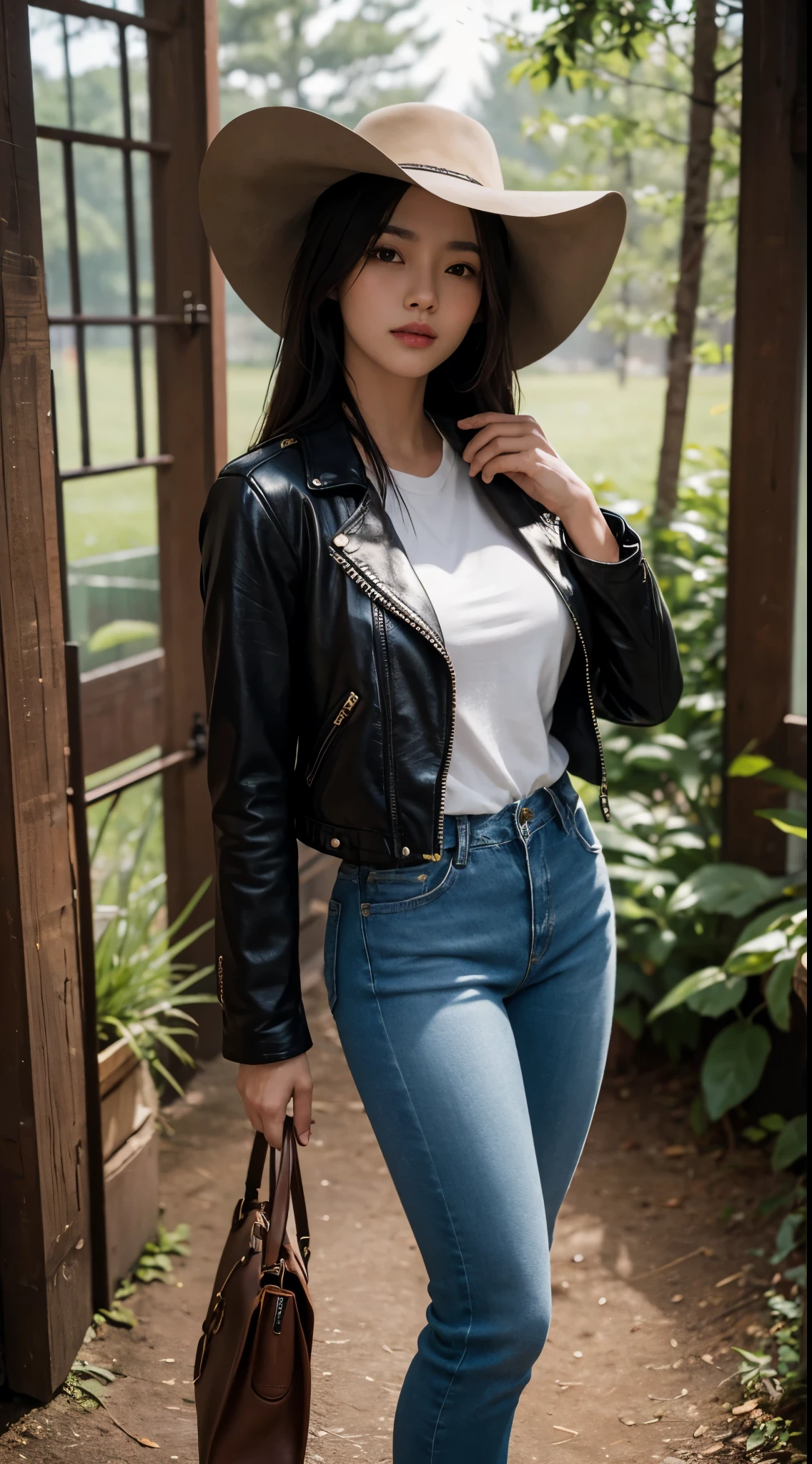 "Young woman wearing a cowboy hat and leather jacket,Long Jeans, Album cover art by Yang J, Social trend CG, Beautiful cowboy, cowgirl, western cowgirl, forests, Dress up as the western sheriff.., female cowgirl, korean girl" (bestquality, 10, highres:1.2), ultra-detail, (Realistic:1.37), portraits, Full body, Pose from different angles,, vibrant colours, warm light