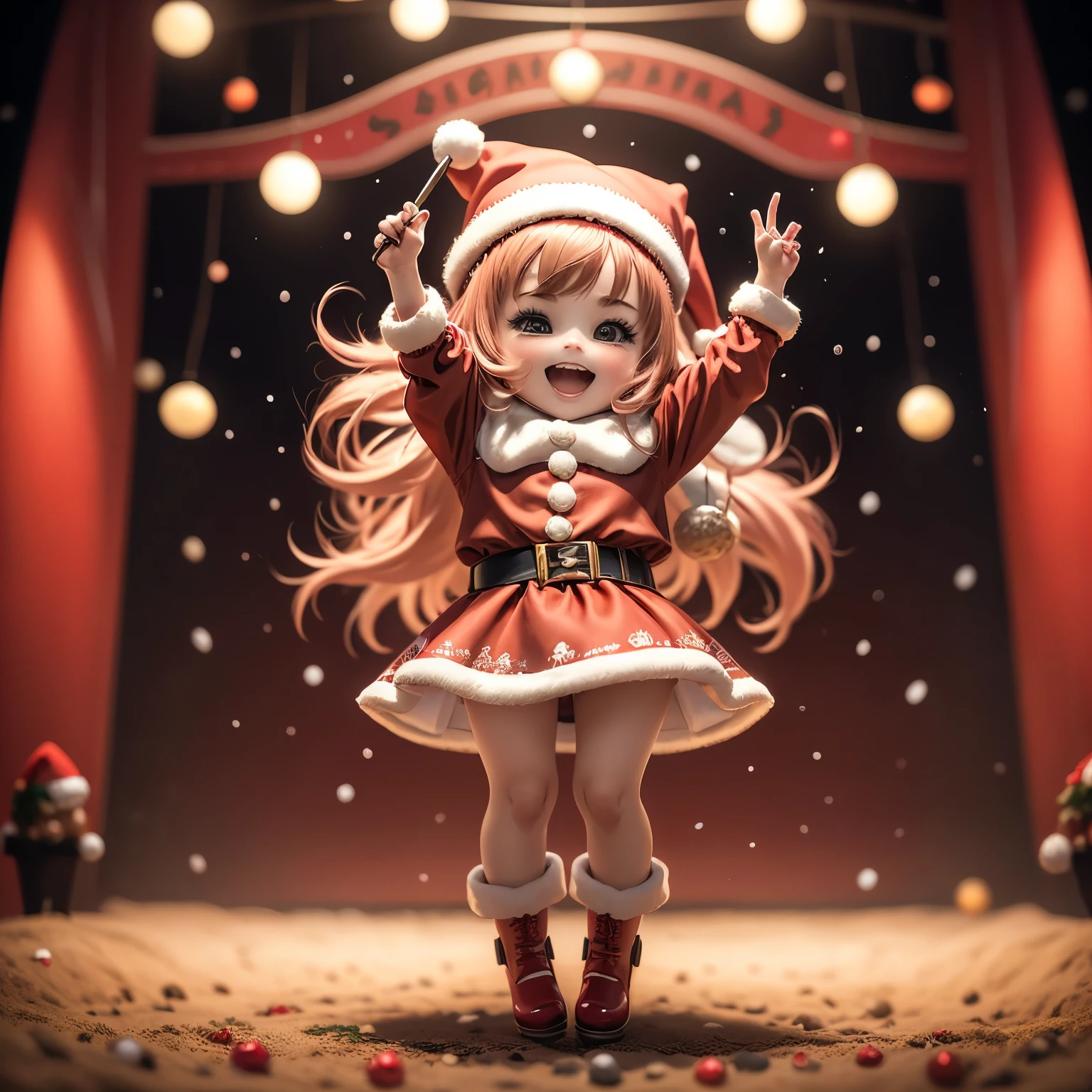 ​masterpiece、top-quality、ultra-detailliert、(Chibi Chara's Daughter:1.2),(Santa Cosplay:1.3),red mini long sleeve dress,White fur,Red Santa Hats,Vivid depiction,Red boots,The background is a Christmas tree and an animated reindeer.,Full-body standing figure,jumping jumping,Open your mouth and smile