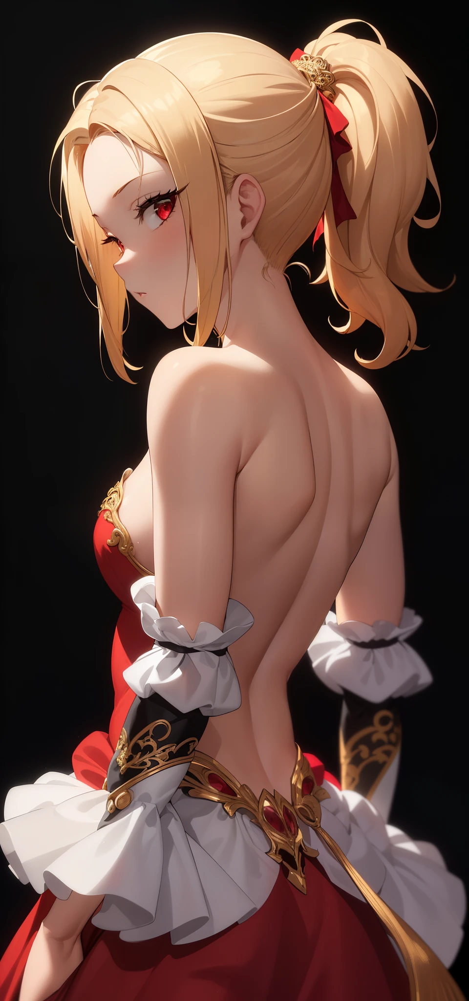 (masterpiece, best quality:1.2), extremely detailed, detailed hair, soft skin,

1girl, solo, standing, upper body, from behind,

blonde hair, long hair, high ponytail, long ponytail,

red eyes, long eyelashes, thick eyelashes, looking at viewer,

red dress, backless dress, ornate dress, puffy skirt, long skirt, puffy sleeves, juliet sleeves, long sleeves,

nude,

black background,