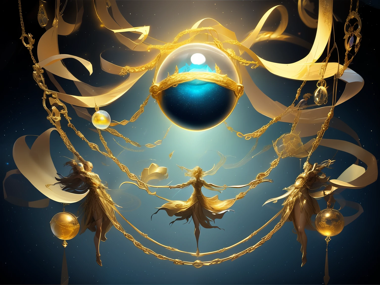 Golden chains floating in the air from all directions，A glowing glass crystal ball trapped in the middle，The Myths, Legends and Art of Reincarnation and Destiny，A gathering field of magical energy surrounded by chains，European art，Stars and the sea，A vast and mysterious universe，concept illustration，OC rendering，Large game CG scenes，weightless suspension，fantasy in dream，Light and shadow art，Messy，disorderly broken style
