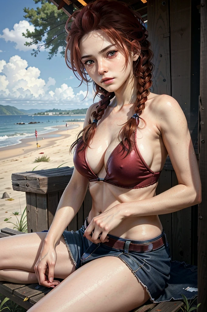 (masterpiece, best quality) MegThomasDBD, 1girl, solo, long hair, red hair, at the beach, bikini, sitting, cocktail