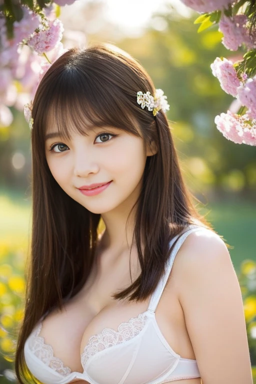 Angel,17 year old girl、1 girl、Beautiful detailed eyes, Beautiful detailed lips, long eyelashes, ((random cute hair))、(Wear random cute hair ornaments)、(random cute hair color), innocent and pure expression, Delicate features, ((Random sexy underwear))、((Surrounded by seasonal flowers)), rays of light shining on her, Heavenly atmosphere, Oil painting style, Top quality, Vibrant colors, dreamy lighting、((random cute smile))、((huge tit:1.8、I can see the cleavage))、