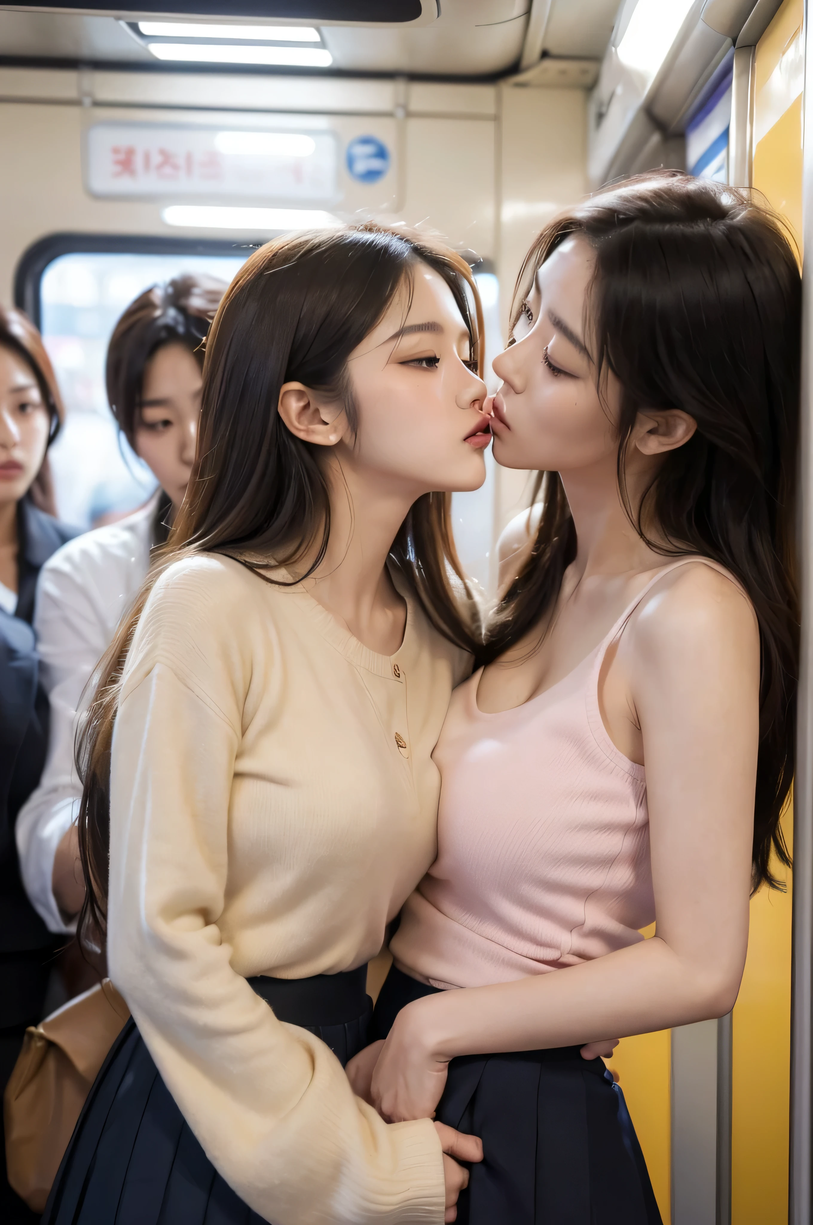 NSFW, Realistic, masutepiece, 4 Korean women , Korean women only, Never for men, Never for men, Detailed scenario inside a very crowded women-only subway car, VERY crowded Korean women only subway train interior detailed background, stAnding insanely hot (woman 1) Use something sexy ((School uniform)), (((Lifted skirt)), (Thick thigh expression), blushed face, (Female 2) Sexy young man, a blond, confused facial expression, mature woman ass groping woman 1 from behind, Female 2 touches woman 1 , young Female 2 caressing woman 1 legs, Wet kiss, Lesbian kiss, (((mature woman pressing her chest on woman 1 back))) And (((holding her waist behind her)))