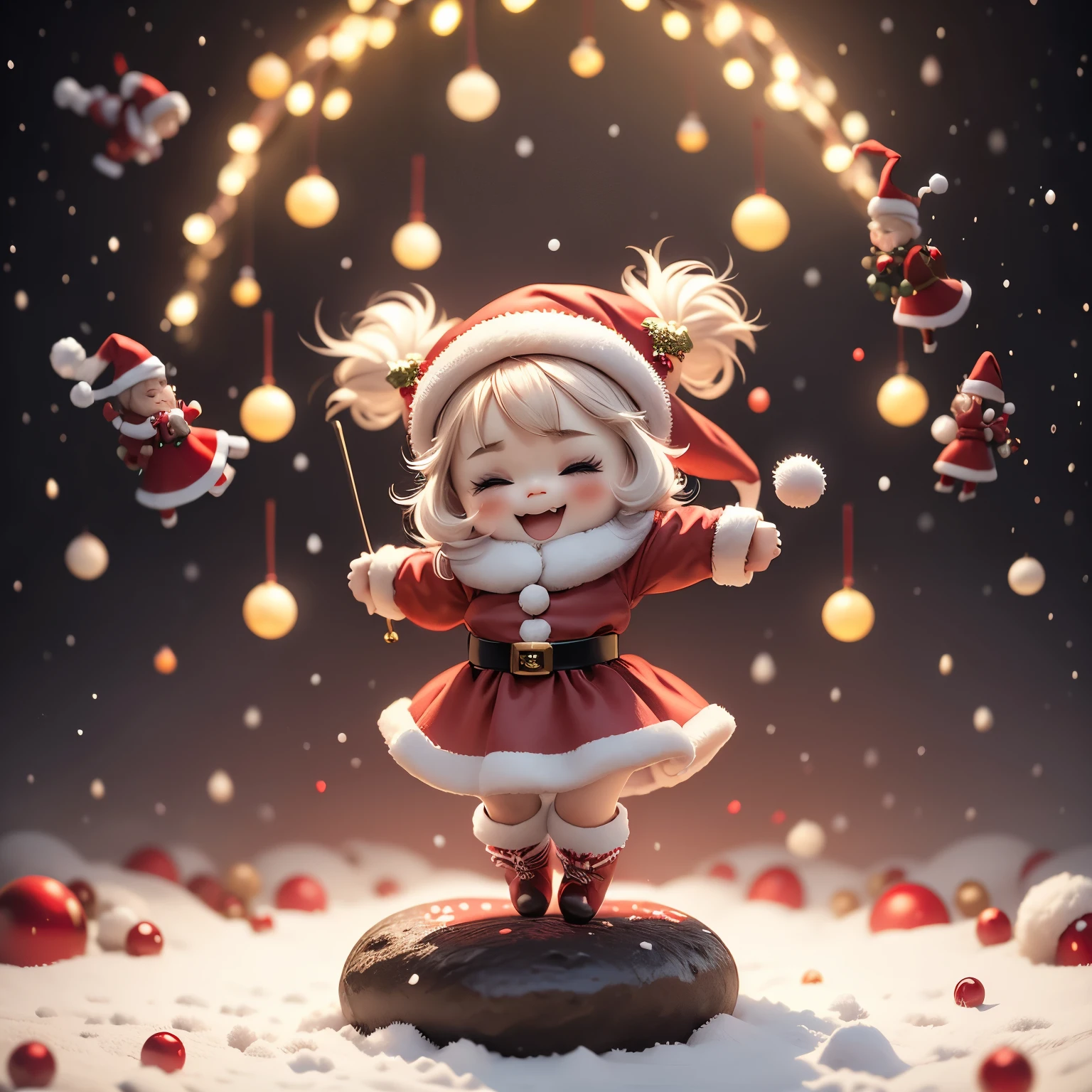 masterpiece、top-quality、ultra-detailliert、(Chibi character Santa girl:1.2),(Santa Cosplay:1.3),red mini long sleeve dress,White fur,Red Santa Hats,Vivid depiction,Red boots(,The background is a Christmas tree and an animated reindeer.:1.3),Full-body standing figure,jumping jumping,Open your mouth and smile
