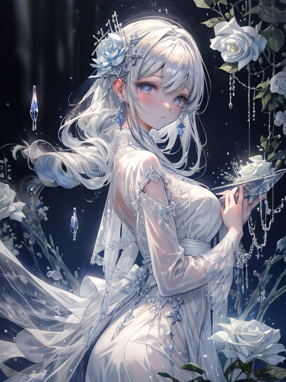 scenecy, Paradise in Heaven, White lighting,(masutepiece), (Best Quality), (Cinematic), 8K, (art  stations), Li Yue painting style. (長い白い髪とSilvery eyesを持つ1人の女), (流れるような白くSheerドレス)、(Beautiful delicate face)、[ Particle Lou Full Moon] [Frozen trees々] [landscape crystal] [Lighting] [Ethereal Atmosphere]:1.1] [Fantasy, short story] [soft Lighting] [+Cinematic shot]:1.2 [+art  stations] [+luminous white background] [+soft Lighting] [soft glow] [Creative and dynamic angles]:1.3, [+Crystal Toning] 、masutepiece, ighly detailed, Ultra-detailed, Solo, (pale skin), Silvery eyes, Frosty white hair, (snowy background), (snowflake rosen flower:1.0), crystal crown, (shining crystal), (((白くSheerドレス))), (Snowy ground), (Icy breath), (White lashes), 花のある部屋に立つSheer繊細なウェディングドレスを着た美女, Female sexy、luxurious wedding, very magical and dreamy, dreamy and detailed, ethereal fairy tale, The setting of a fairy tale:, 贅沢なSheer薄いドレス, dreamy diamond、たくさんのクリスタルが付いたSheerドレス, fantasy sheer dress, A magical dress with a transparent chest, crystal see-through dress, Feminine atmosphere and drama in a transparent dress with sparkling flowers, Gorgeous setting, 妖しい雰囲気 masutepiece, The most beautiful scenes, An majestic、(((full of white flowers)))、quiet and serene atmosphere、A charming, Sheer,The nipple is visible、large boob、sexy-S 100,たくさんのクリスタルが付いたSheerドレス, fantasy sheer dress, Transparent chest dress, See-through dress studded with crystals, Woman in a transparent dress with sparkling white flowers, intricate fantasy sheer dress, transparent rainbow color, Detailed translucent costume design, transparent dress, a stunning young ethereal figure, Bejeweled Opal Statue, fantasy transparent costume,pure white and dazzling、all white tones,Inside the crystal library,Transparent flowers and falling snow，Many white roses are planted,(flowingwater,falls,water bloom),The decoration is also carefully done.,Dreamy（ighly detailedです，Creative Design，crisp and precise lines，K HD，best qualtiy，tmasterpiece，超hight resolution，4K）、huge tit、Underwear models、Diverse poses、((beautiful white flower hair ornament))、Beautiful hairstyle、Full body view、sexymodel、Overhead view, look from above、(Best Quality, 4K, 8K, hight resolution, masutepiece:1.2), Ultra-detailed, Detailed expression, Graceful posture, dreamy ambiance, expressive brush strokes, mystic atmosphere, artistic interpretation,Beautiful coiled hair，Delicate floral jewelry， 驚くほど小さな新鮮なスタイルのSheerドレス、 Subtle colors and tones, Mystical aura,