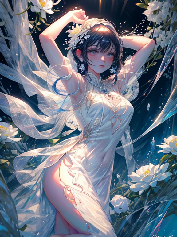 scenecy, Paradise in Heaven, White lighting,(masutepiece), (Best Quality), (Cinematic), 8K, (art  stations), Li Yue painting style. (長い白い髪とSilvery eyesを持つ1人の女), (流れるような白くSheerドレス)、(Beautiful delicate face)、[ Particle Lou Full Moon] [Frozen trees々] [landscape crystal] [Lighting] [Ethereal Atmosphere]:1.1] [Fantasy, short story] [soft Lighting] [+Cinematic shot]:1.2 [+art  stations] [+luminous white background] [+soft Lighting] [soft glow] [Creative and dynamic angles]:1.3, [+Crystal Toning] 、masutepiece, ighly detailed, Ultra-detailed, Solo, (pale skin), Silvery eyes, Frosty white hair, (snowy background), (snowflake rosen flower:1.0), crystal crown, (shining crystal), (((白くSheerドレス))), (Snowy ground), (Icy breath), (White lashes), 花のある部屋に立つSheer繊細なウェディングドレスを着た美女, Female sexy、luxurious wedding, very magical and dreamy, dreamy and detailed, ethereal fairy tale, The setting of a fairy tale:, 贅沢なSheer薄いドレス, dreamy diamond、たくさんのクリスタルが付いたSheerドレス, fantasy sheer dress, A magical dress with a transparent chest, crystal see-through dress, Feminine atmosphere and drama in a transparent dress with sparkling flowers, Gorgeous setting, 妖しい雰囲気 masutepiece, The most beautiful scenes, An majestic、(((full of white flowers)))、quiet and serene atmosphere、A charming, Sheer,The nipple is visible、large boob、sexy-S 100,たくさんのクリスタルが付いたSheerドレス, fantasy sheer dress, Transparent chest dress, See-through dress studded with crystals, Woman in a transparent dress with sparkling white flowers, intricate fantasy sheer dress, transparent rainbow color, Detailed translucent costume design, transparent dress, a stunning young ethereal figure, Bejeweled Opal Statue, fantasy transparent costume,pure white and dazzling、all white tones,Inside the crystal library,Transparent flowers and falling snow，Many white roses are planted,(flowingwater,falls,water bloom),The decoration is also carefully done.,Dreamy（ighly detailedです，Creative Design，crisp and precise lines，K HD，best qualtiy，tmasterpiece，超hight resolution，4K）、huge tit、Underwear models、Diverse poses、((beautiful white flower hair ornament))、Beautiful hairstyle、Full body view、sexymodel、Overhead view, look from above、(Best Quality, 4K, 8K, hight resolution, masutepiece:1.2), Ultra-detailed, Detailed expression, Graceful posture, dreamy ambiance, expressive brush strokes, mystic atmosphere, artistic interpretation,Beautiful coiled hair，Delicate floral jewelry， 驚くほど小さな新鮮なスタイルのSheerドレス、 Subtle colors and tones, Mystical aura,