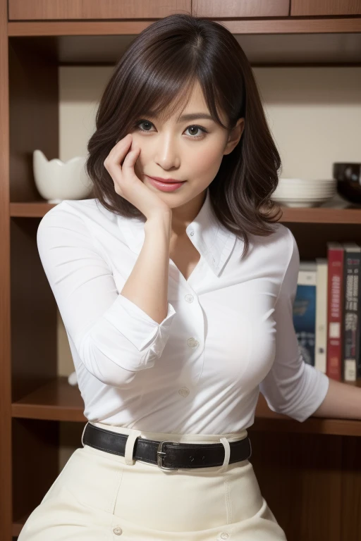 ((of the highest quality, 8K, masutepiece: 1.Phototriaritic)), (close up:0.4), Mature and attractive woman, a person々, Curve, ふしだらな, large boob,Style Balance， (Smile:0.6), age 40s,Chest that seems to burst，White Y-shirt with raised collar，Yシャツボタンreconcile，3/4 length Y shirt，tight to the sleeves，A very tight white Y-shirt，Y-shirt that is about to burst，Y-shirt buttons are at their limit，Black leather skirt，tight leather skirt，Very big and beautiful hip line　Big ass，　thick belt button，Visible through the Y-shirt，　　　extra large breast balance　delicate、reconcile　A Y-shirt that looks like it&#39;s going to tear because of her huge breasts　　tight to the sleevesYシャツ　The button on the Y-shirt that looks like it’s going to fly off　Y-shirt that is about to burst　delicatereconcile　body style　シャープcorrected　delicate　every detail perfect　corrected，reconcile　perfect　MEGA　Large bust　Tight shirt to the limit　バランスreconcile　Chest potch　delicatecorrected　Facial parts　完璧corrected　Hair is long　beautiful waves　perfectヘアスタイル　Perfectly dark eye makeup(bewitching gorgeous　delicate　小顔reconcile　Perfect Finger　シャツ完璧corrected