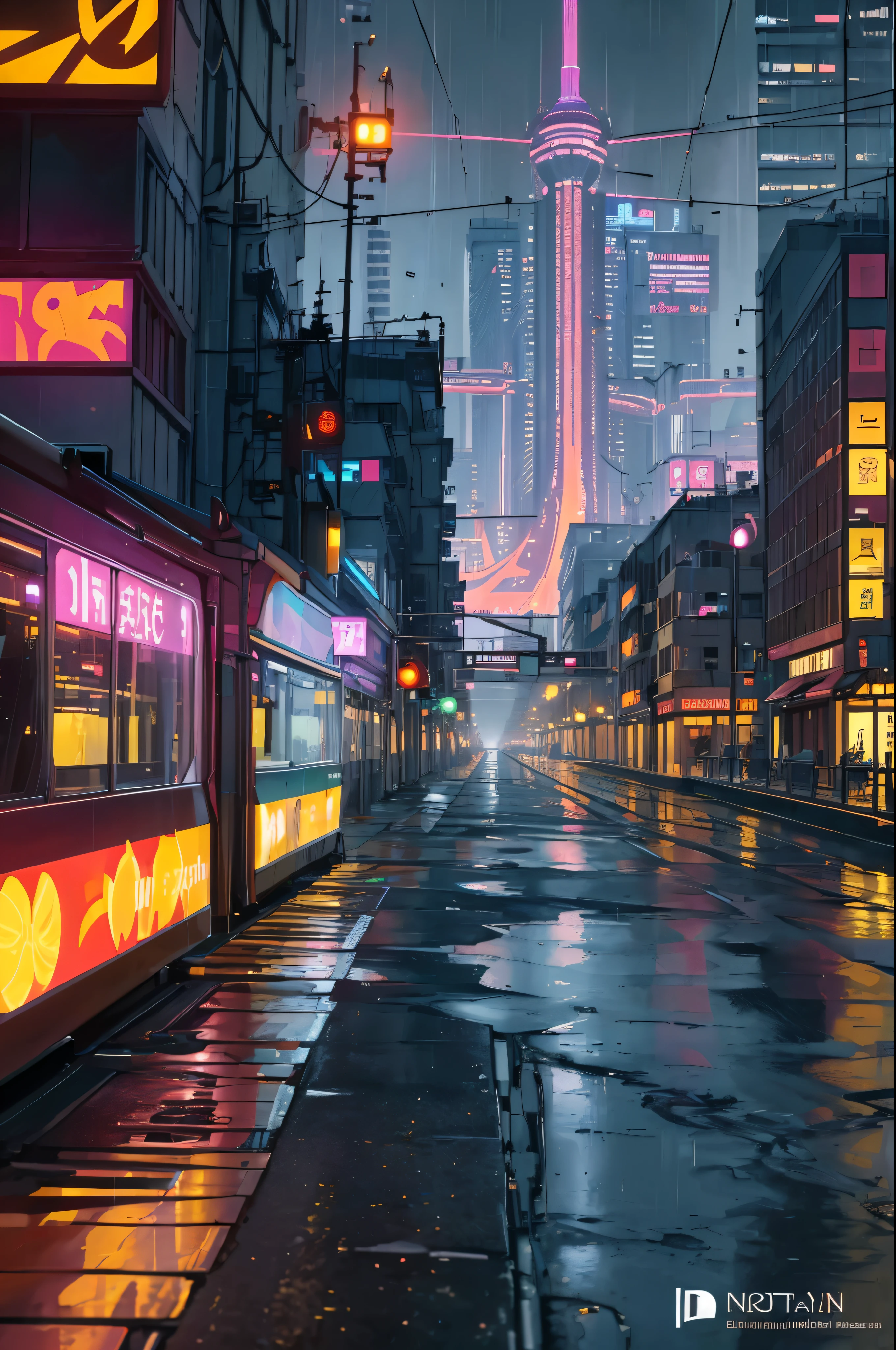 ((Masterpiece)),((Best Quality)),((High Detail)),((realisitic,)) Cities of the Future Era, Construction Street, Futuristic train routes, The cyberpunk, Buildings, natta, European Cities, Rainy, neons