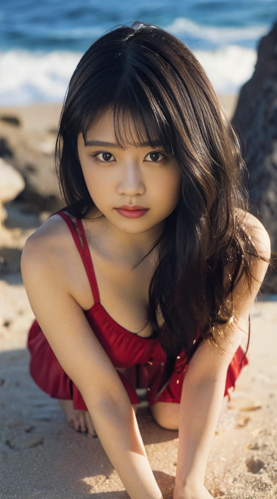 Sexy Goddessのクォーター,Snow White skin,8K High Quality,Sexy Goddess,A pair of large eyes is beautiful and moving,Golden crown,White skin,makeup,Red long-haired,Curly,Sexy Outfit,Legs are cracked,Open your legs,laying on beach,Bolt View,Look up,gold;jewely;Blue Electric,space town flat,Mare,うねりのMare,lighthouse,shoreline