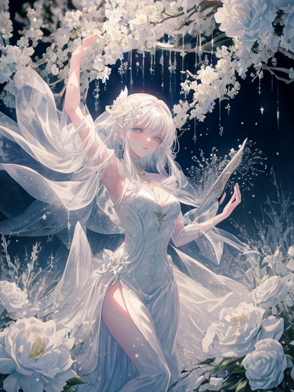 scenecy, Paradise in Heaven, White lighting,(masutepiece), (Best Quality), (Cinematic), 8K, (art  stations), Li Yue painting style. (長い白い髪とSilvery eyesを持つ1人の女), (流れるような白くSheerドレス)、(Beautiful delicate face)、[ Particle Lou Full Moon] [Frozen trees々] [landscape crystal] [Lighting] [Ethereal Atmosphere]:1.1] [Fantasy, short story] [soft Lighting] [+Cinematic shot]:1.2 [+art  stations] [+luminous white background] [+soft Lighting] [soft glow] [Creative and dynamic angles]:1.3, [+Crystal Toning] 、masutepiece, ighly detailed, Ultra-detailed, Solo, (pale skin), Silvery eyes, Frosty white hair, (snowy background), (snowflake rosen flower:1.0), crystal crown, (shining crystal), (((白くSheerドレス))), (Snowy ground), (Icy breath), (White lashes), 花のある部屋に立つSheer繊細なウェディングドレスを着た美女, Female sexy、luxurious wedding, very magical and dreamy, dreamy and detailed, ethereal fairy tale, The setting of a fairy tale:, 贅沢なSheer薄いドレス, dreamy diamond、たくさんのクリスタルが付いたSheerドレス, fantasy sheer dress, A magical dress with a transparent chest, crystal see-through dress, Feminine atmosphere and drama in a transparent dress with sparkling flowers, Gorgeous setting, 妖しい雰囲気 masutepiece, The most beautiful scenes, An majestic、(((full of white flowers)))、quiet and serene atmosphere、A charming, Sheer,The nipple is visible、large boob、sexy-S 100,たくさんのクリスタルが付いたSheerドレス, fantasy sheer dress, Transparent chest dress, See-through dress studded with crystals, Woman in a transparent dress with sparkling white flowers, intricate fantasy sheer dress, transparent rainbow color, Detailed translucent costume design, transparent dress, a stunning young ethereal figure, Bejeweled Opal Statue, fantasy transparent costume,pure white and dazzling、all white tones,Inside the crystal library,Transparent flowers and falling snow，Many white roses are planted,(flowingwater,falls,water bloom),The decoration is also carefully done.,Dreamy（ighly detailedです，Creative Design，crisp and precise lines，K HD，best qualtiy，tmasterpiece，超hight resolution，4K）、huge tit、Underwear models、Diverse poses、((beautiful white flower hair ornament))、Beautiful hairstyle、Full body view、sexymodel、Overhead view, look from above、(Best Quality, 4K, 8K, hight resolution, masutepiece:1.2), Ultra-detailed, Detailed expression, Graceful posture, dreamy ambiance, expressive brush strokes, mystic atmosphere, artistic interpretation,Beautiful coiled hair，Delicate floral jewelry， 驚くほど小さな新鮮なスタイルのSheerドレス、 Subtle colors and tones,