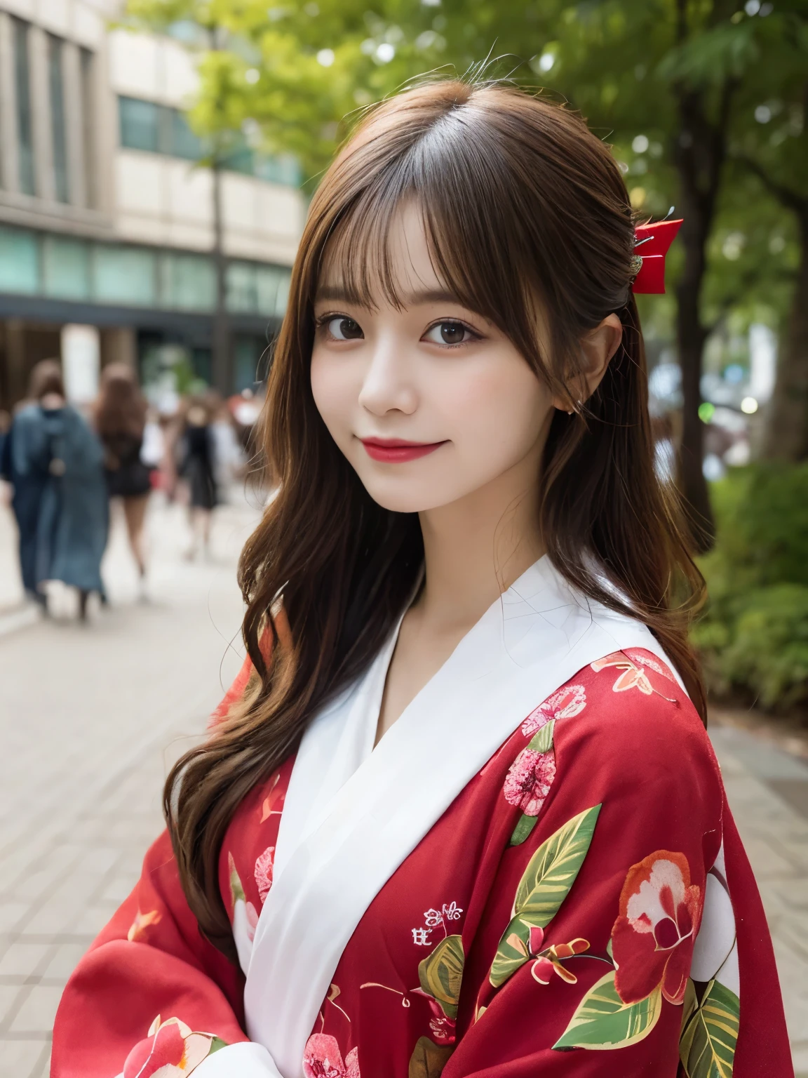 masutepiece, Best Quality, Illustration, Ultra-detailed, finely detail, hight resolution, 8K Wallpaper, Perfect dynamic composition, Beautiful detailed eyes, She wears a red kimono,Medium Hair,Natural Color Lip, Bold sexy poses,Smile,Harajuku、20 years girl、Cute、Sexy shot looking at camera、C Cup、Brown hair、cacique#39;s face、Blurred green park background