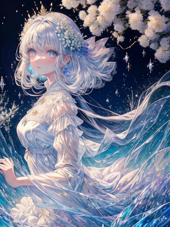 scenecy, Paradise in Heaven, White lighting,(masutepiece), (Best Quality), (Cinematic), 8K, (art  stations), Li Yue painting style. (長い白い髪とSilvery eyesを持つ1人の女), (流れるような白くSheerドレス)、(Beautiful delicate face)、[ Particle Lou Full Moon] [Frozen trees々] [landscape crystal] [Lighting] [Ethereal Atmosphere]:1.1] [Fantasy, short story] [soft Lighting] [+Cinematic shot]:1.2 [+art  stations] [+luminous white background] [+soft Lighting] [soft glow] [Creative and dynamic angles]:1.3, [+Crystal Toning] 、masutepiece, ighly detailed, Ultra-detailed, Solo, (pale skin), Silvery eyes, Frosty white hair, (snowy background), (snowflake rosen flower:1.0), crystal crown, (shining crystal), (((白くSheerドレス))), (Snowy ground), (Icy breath), (White lashes), 花のある部屋に立つSheer繊細なウェディングドレスを着た美女, Female sexy、luxurious wedding, very magical and dreamy, dreamy and detailed, ethereal fairy tale, The setting of a fairy tale:, 贅沢なSheer薄いドレス, dreamy diamond、たくさんのクリスタルが付いたSheerドレス, fantasy sheer dress, A magical dress with a transparent chest, crystal see-through dress, Feminine atmosphere and drama in a transparent dress with sparkling flowers, Gorgeous setting, 妖しい雰囲気 masutepiece, The most beautiful scenes, An majestic、(((full of white flowers)))、quiet and serene atmosphere、A charming, Sheer,The nipple is visible、large boob、sexy-S 100,たくさんのクリスタルが付いたSheerドレス, fantasy sheer dress, Transparent chest dress, See-through dress studded with crystals, Woman in a transparent dress with sparkling white flowers, intricate fantasy sheer dress, transparent rainbow color, Detailed translucent costume design, transparent dress, a stunning young ethereal figure, Bejeweled Opal Statue, fantasy transparent costume,pure white and dazzling、all white tones,Inside the crystal library,Transparent flowers and falling snow，Many white roses are planted,(flowingwater,falls,water bloom),The decoration is also carefully done.,Dreamy（ighly detailedです，Creative Design，crisp and precise lines，K HD，best qualtiy，tmasterpiece，超hight resolution，4K）、huge tit、Underwear models、Diverse poses、((beautiful white flower hair ornament))、Beautiful hairstyle、Full body view、sexymodel、Overhead view, look from above、(Best Quality, 4K, 8K, hight resolution, masutepiece:1.2), Ultra-detailed, Detailed expression, Graceful posture, dreamy ambiance, expressive brush strokes, mystic atmosphere, artistic interpretation,Beautiful coiled hair，Delicate floral jewelry， 驚くほど小さな新鮮なスタイルのSheerドレス、 Subtle colors and tones,