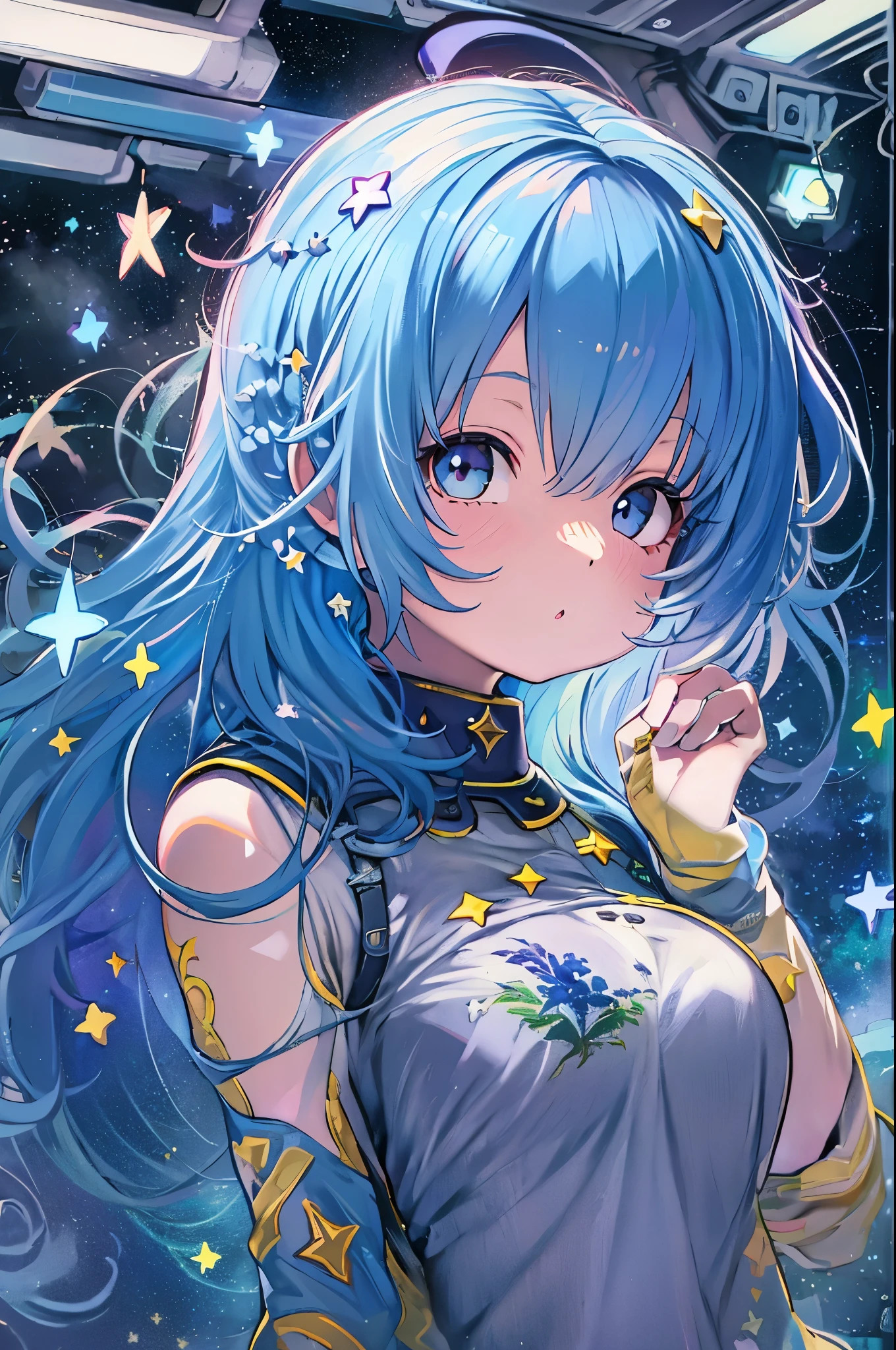 Best Quality, Detailed, 4K, Raw photo, masutepiece, Detailed face,, Stars, Planets, Galaxy, spaces,, a photo of エニセマール flying in spaces, Blue hair, Bangs, Long hair, Looking at Viewer,