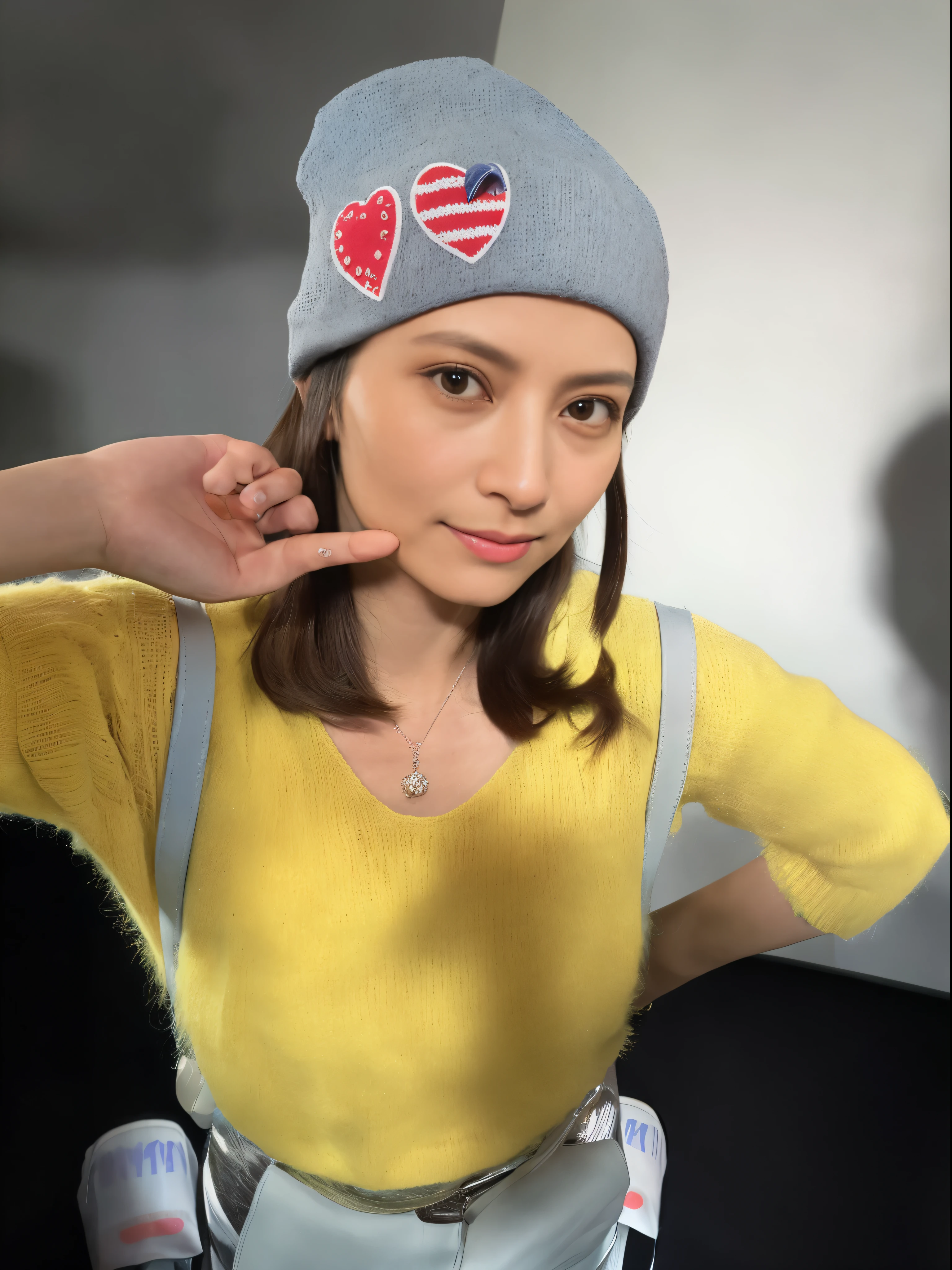 A woman around 40 years old wearing a yellow sweater and a gray hat., dilraba dilmurat, pokimane, chiho, With hat, チョッカーとwearing a cute hat, 奈良美智, gemma chen, knit hat, wearing a cute hat, kiko mizuhara, Kimi Takemura