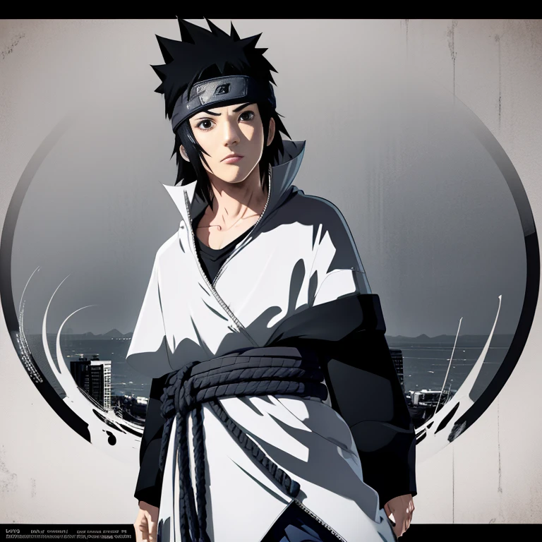 Make the image of Sasuke Uchiha how is it in the manga, image, in black and white and black jacket