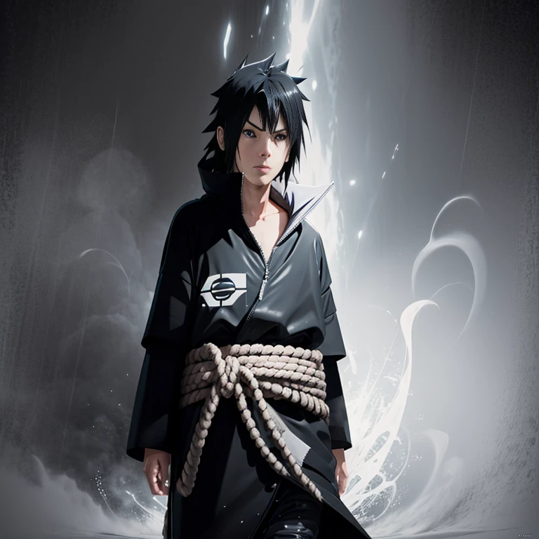 Make the image of Sasuke Uchiha how is it in the manga, image, in black and white and black jacket