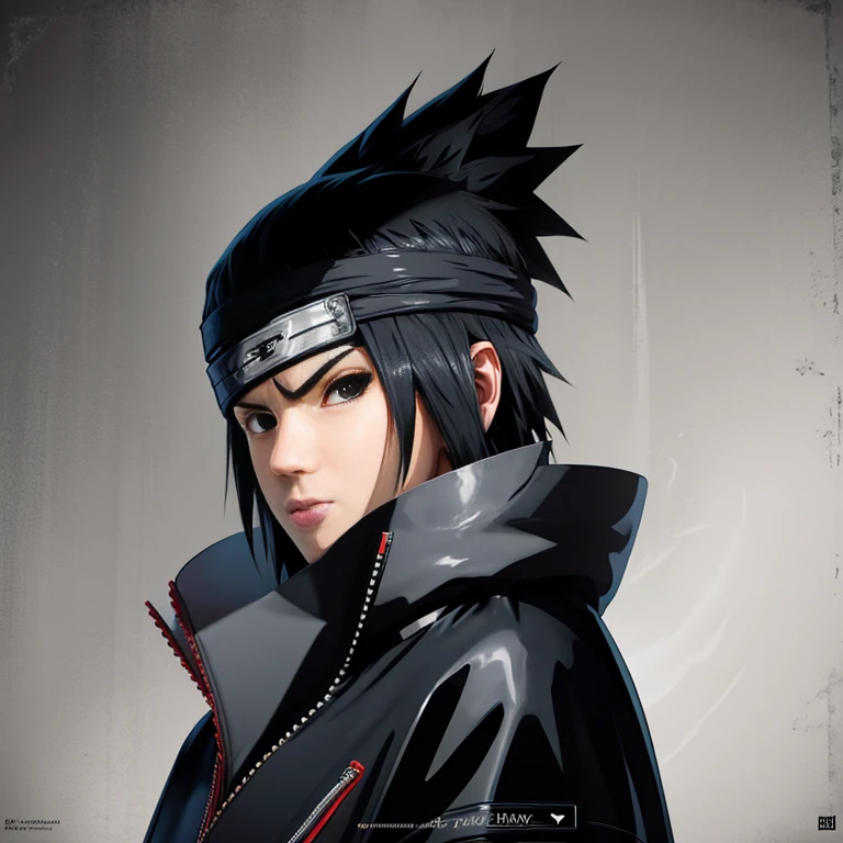 Make the image of Sasuke Uchiha how is it in the manga, image, in black and white and black jacket